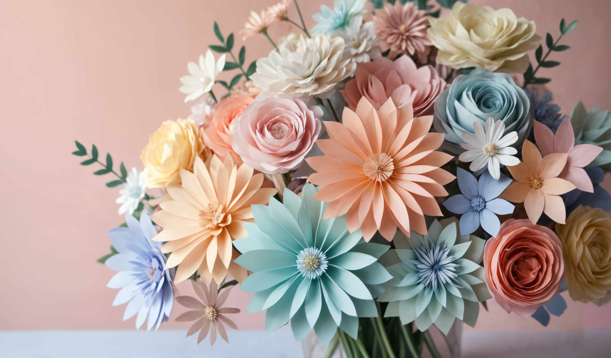 A beautiful bouquet of paper flowers in various colors including blue pink orange and yellow.