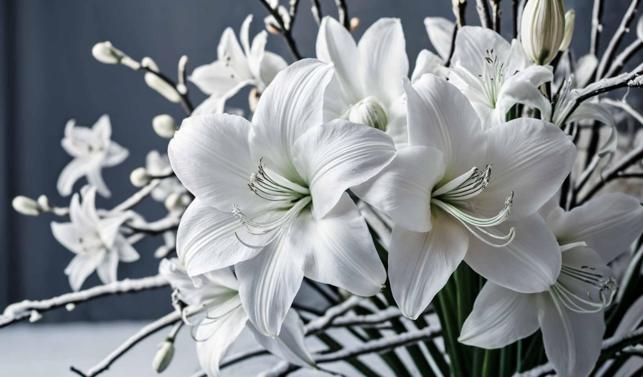 A beautiful arrangement of white lilies in a vase. The lilies are in full bloom showcasing their intricate details and vibrant color. The vase is filled with water providing a refreshing contrast to the white petals. The background is a dark gray color which further accentuates the lilies and makes them stand out. The image captures the essence of tranquility and elegance that is often associated with such floral arrangements.