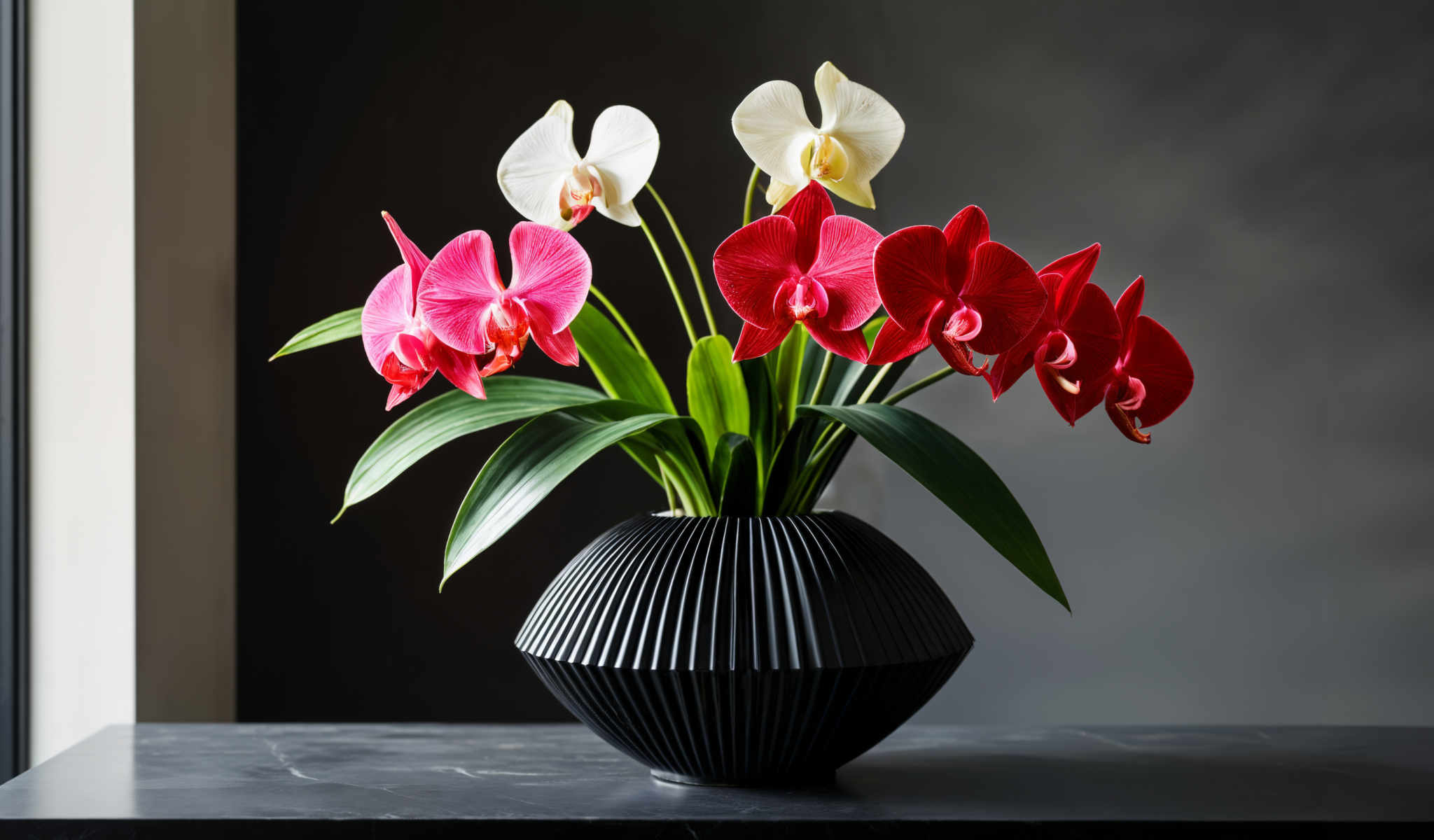 A black vase with a black and white pattern on the side holds a bouquet of red and white orchids. The orchids are in full bloom their petals open wide. The vase is placed on a black surface and the background is black as well. The image is a close-up allowing for a detailed view of the orchids and the vase. The colors are vibrant with the red and pink of the flowers contrasting against the black background. The white petals of the flower add a touch of brightness to the scene. The black vase and surface provide a stark contrast making the flowers the focal point of the photo. The overall composition is balanced and pleasing to the eye.