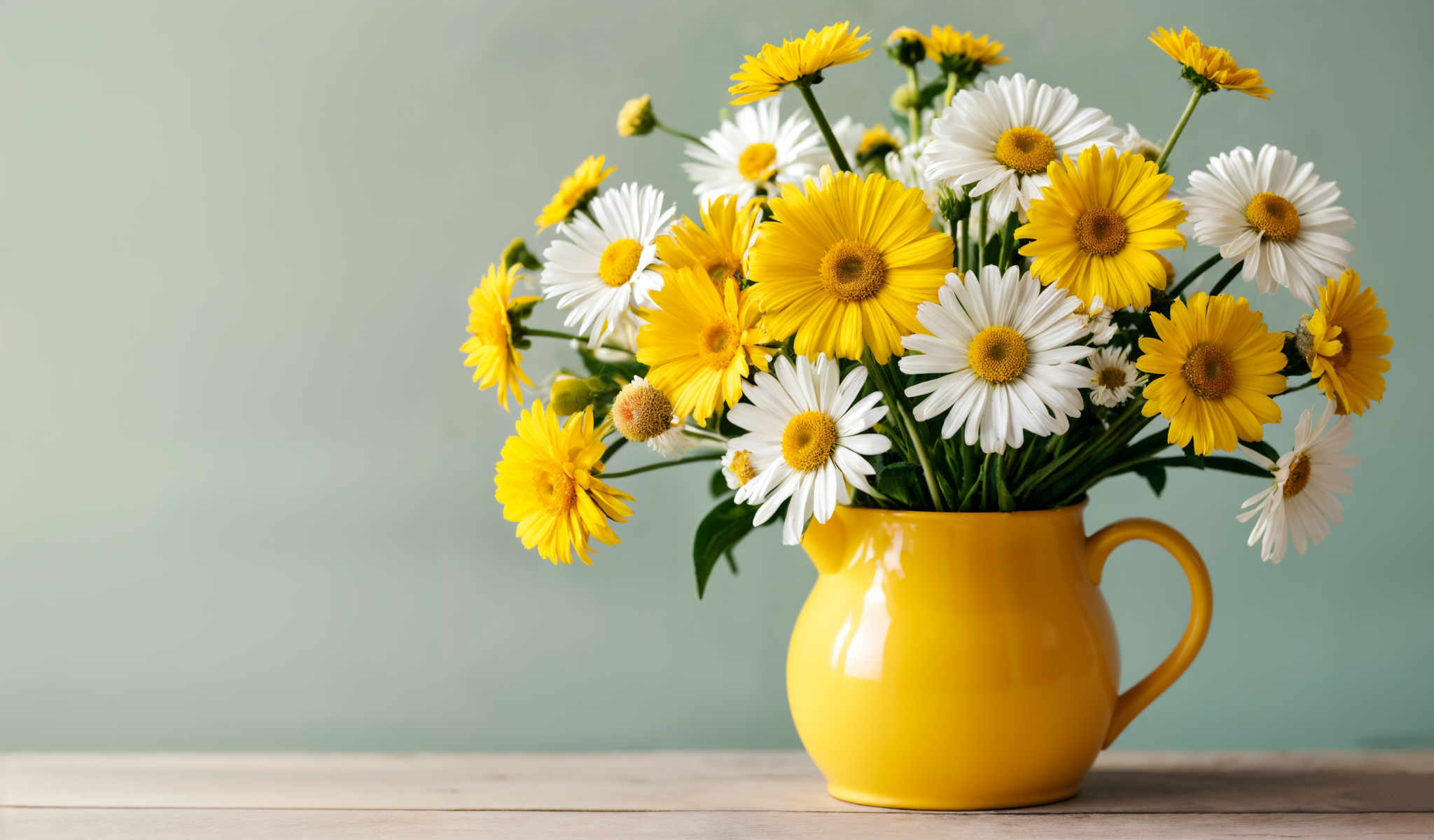 A yellow vase filled with daisies in various colors.