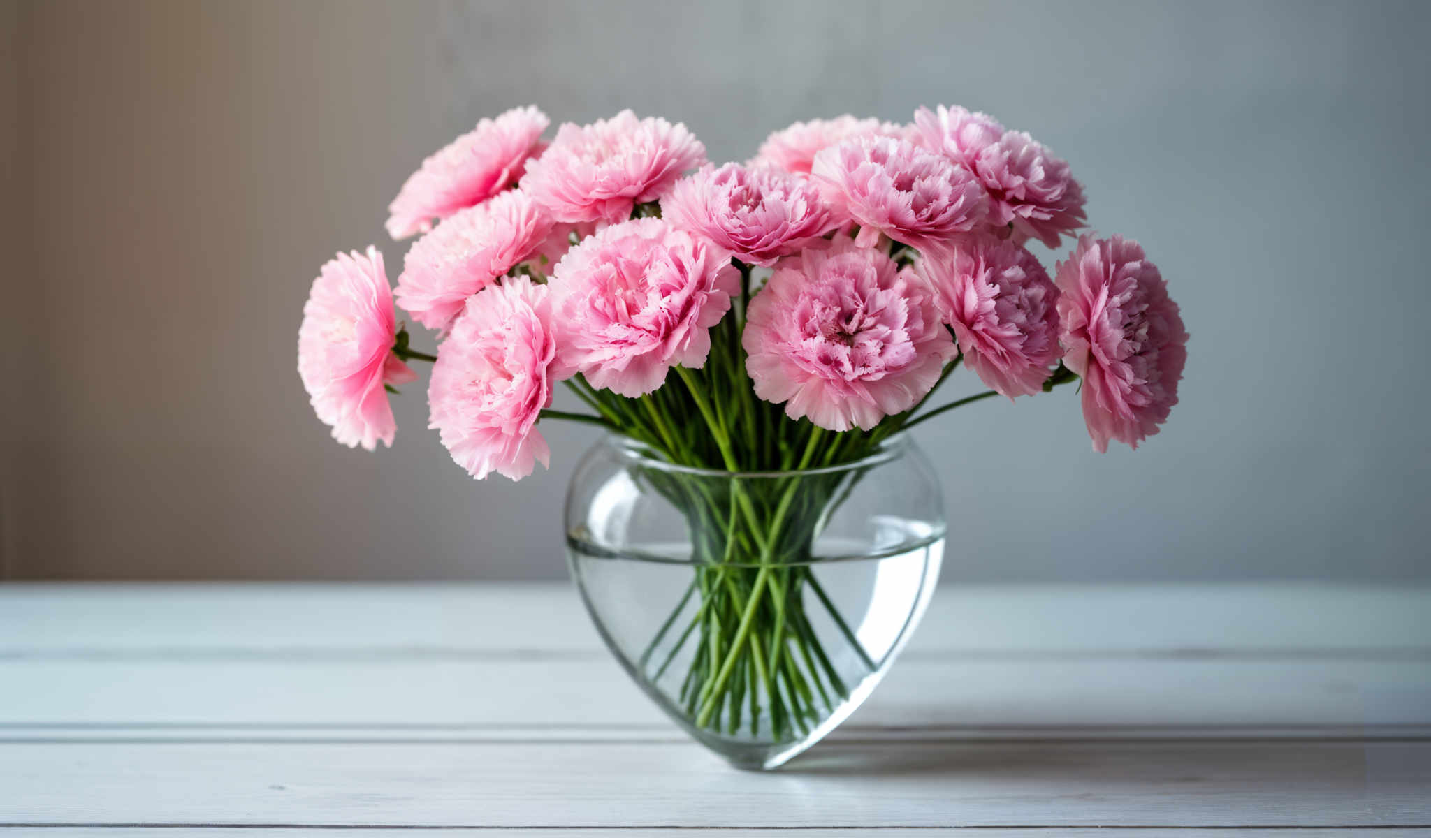 A clear glass vase holds a bouquet of pink flowers.