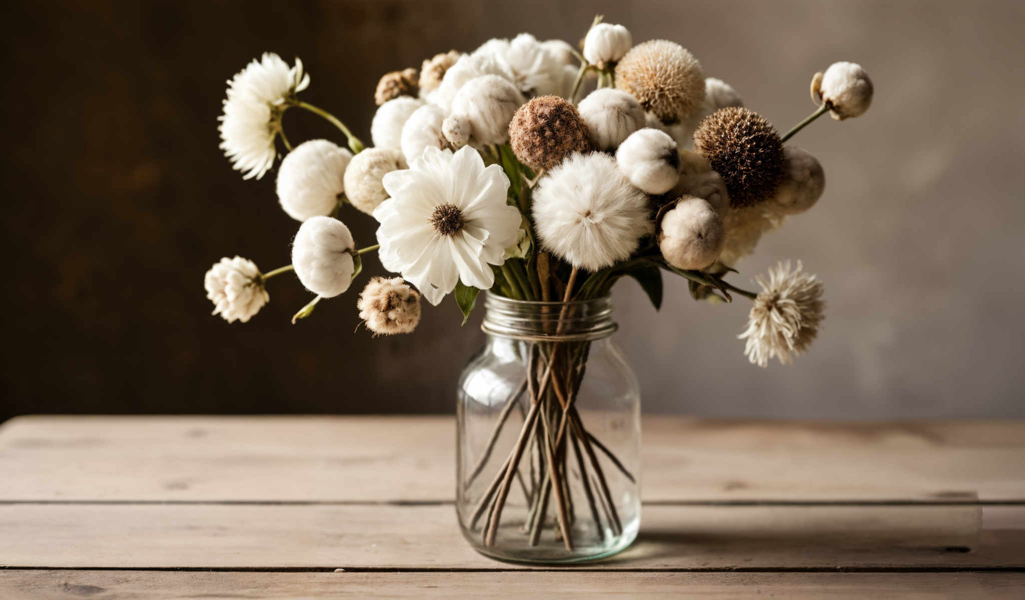 A bouquet of white flowers and pine cones in a glass jar.