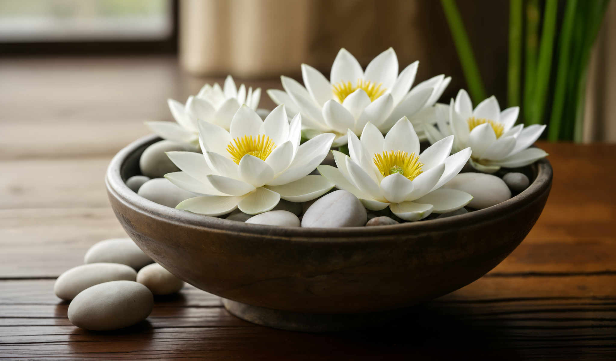 A bowl of white lilies with yellow centers.