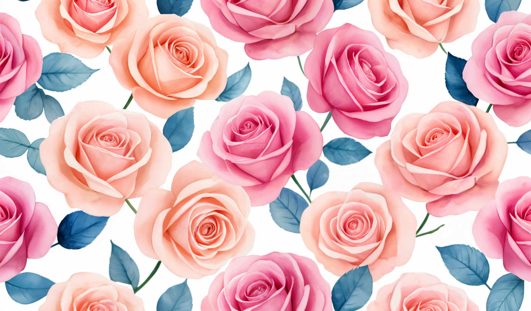 A beautiful pattern of roses in shades of pink and peach with blue leaves.