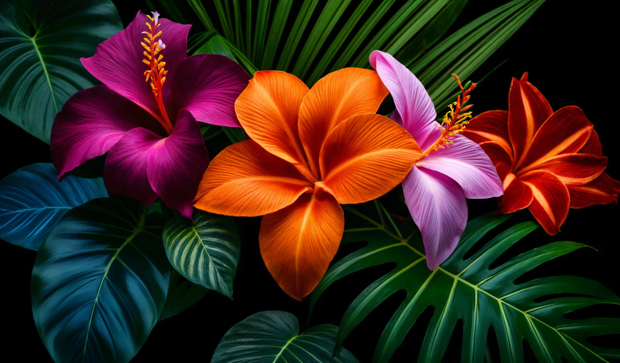 A vibrant display of tropical flowers in shades of orange pink and purple. The flowers are arranged in a circular pattern with the orange flower taking center stage. The backdrop is a lush green filled with palm leaves and other tropical foliage. The image is a beautiful representation of nature's diversity and richness.