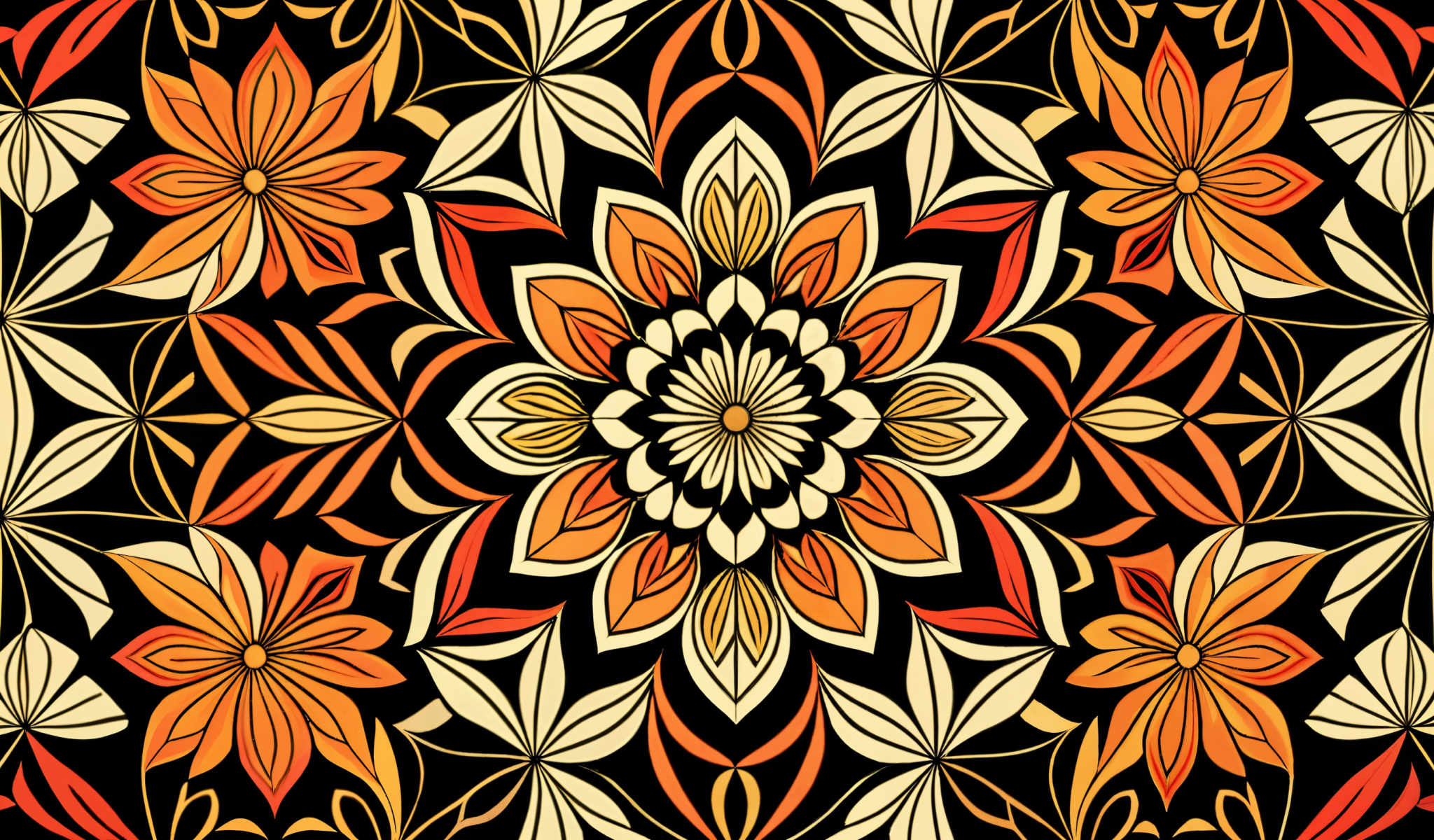 A vibrant and colorful mandala design with a flower at the center. The mandala is composed of various shapes and colors including orange red yellow and white. The flower at its center is a beautiful blend of white and yellow petals. The design is symmetrical and appears to be hand-drawn. The colors are bright and the mandala appears to have a lot of detail. The overall design is visually appealing and intricate.