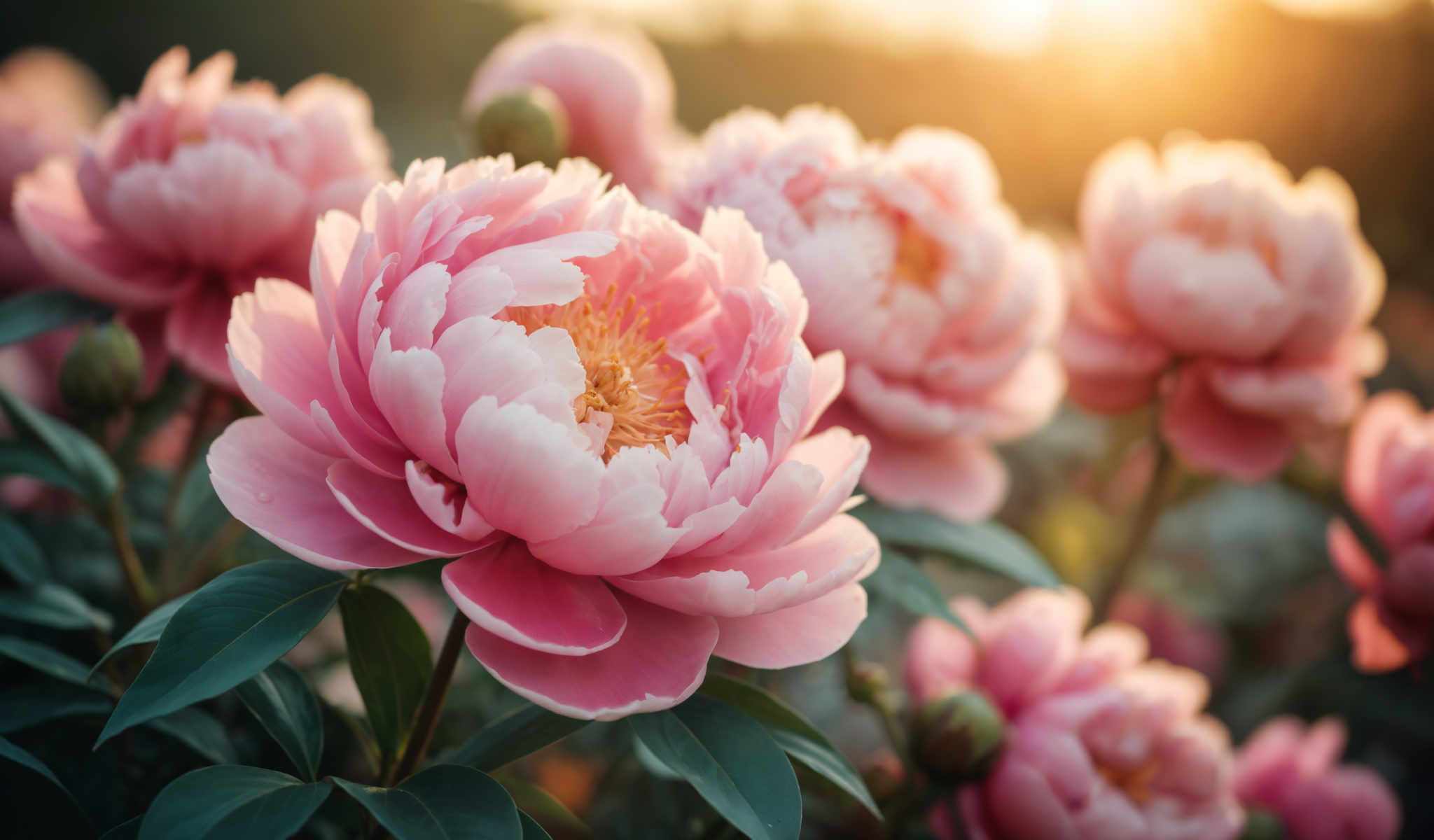 A group of pink peonies with yellow centers.