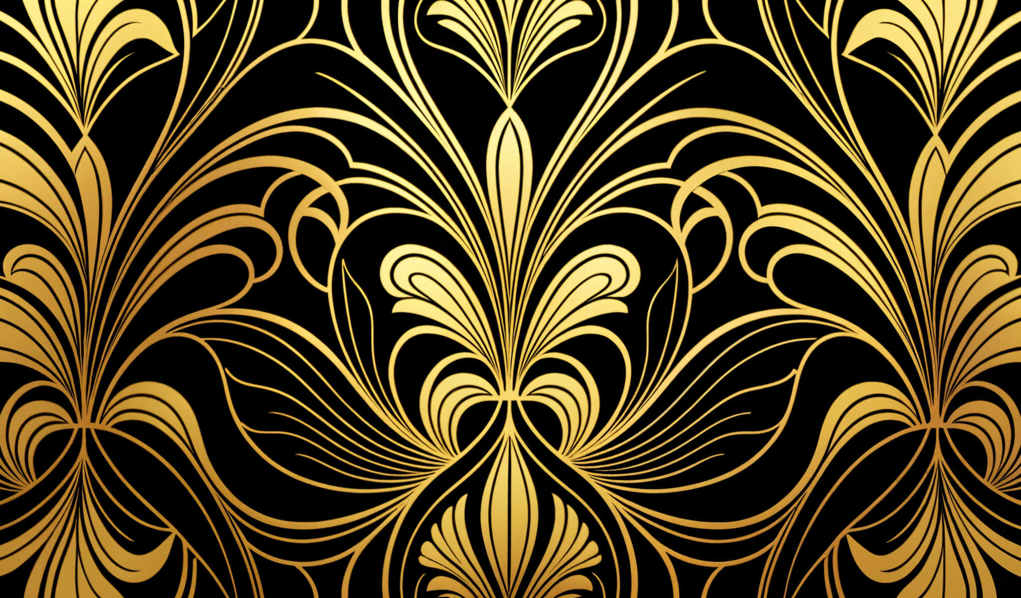 A black and gold design with a symmetrical pattern. The design is composed of a series of swirls and lines that create a sense of movement and rhythm. The gold elements stand out against the black background adding a touch of elegance and sophistication to the overall design. The symmetry of the pattern gives the image a balanced and harmonious feel. The image is a beautiful representation of the fusion of simplicity and complexity in design.