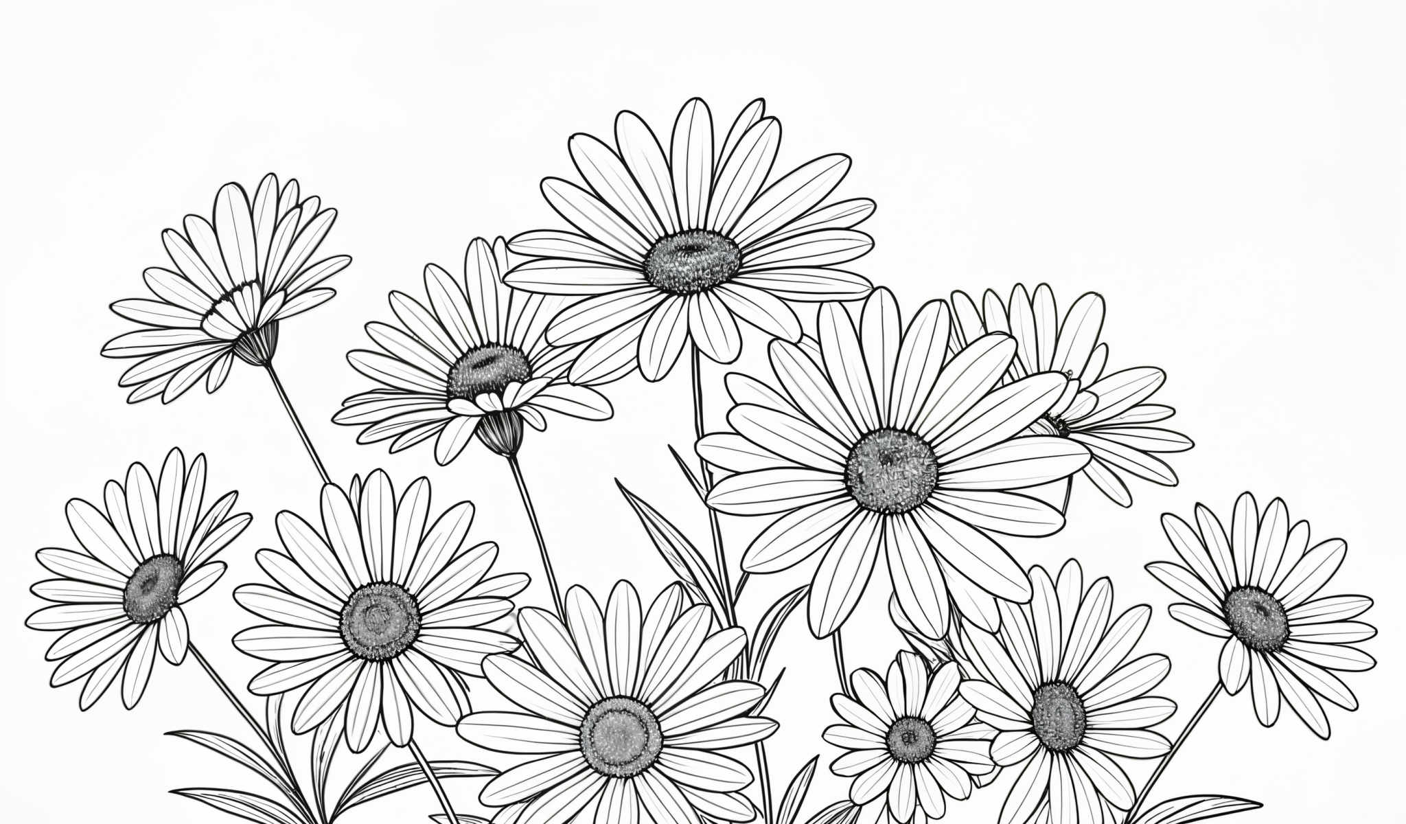 A black and white illustration of a group of daisies.