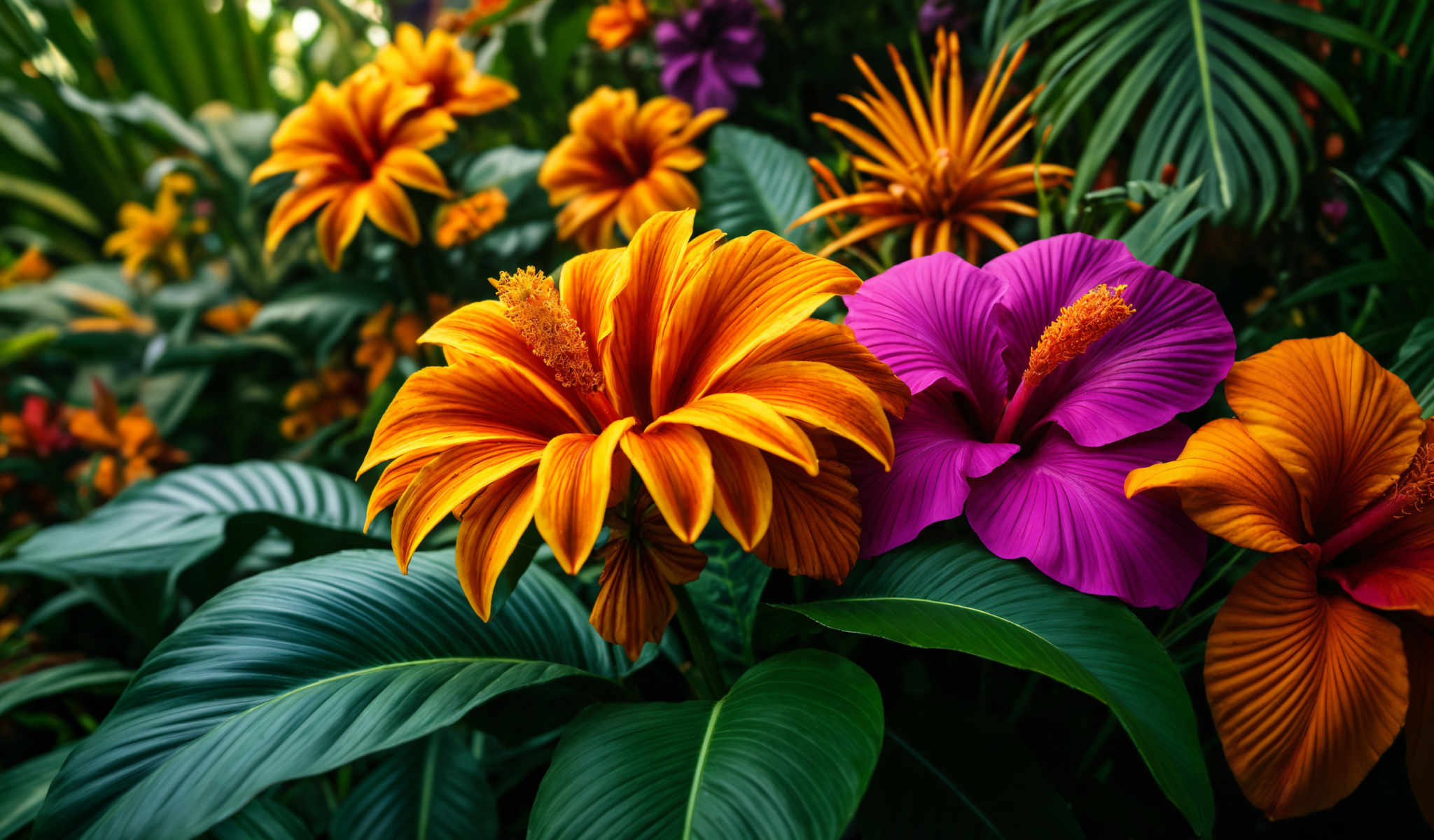 A vibrant display of tropical flowers in various colors including orange yellow purple and pink. The flowers are in full bloom showcasing their intricate details and bright colors. They are surrounded by lush green leaves adding a refreshing contrast to the vivid hues of the flowers. The arrangement of the plants creates a captivating visual spectacle inviting viewers to appreciate the beauty of nature.