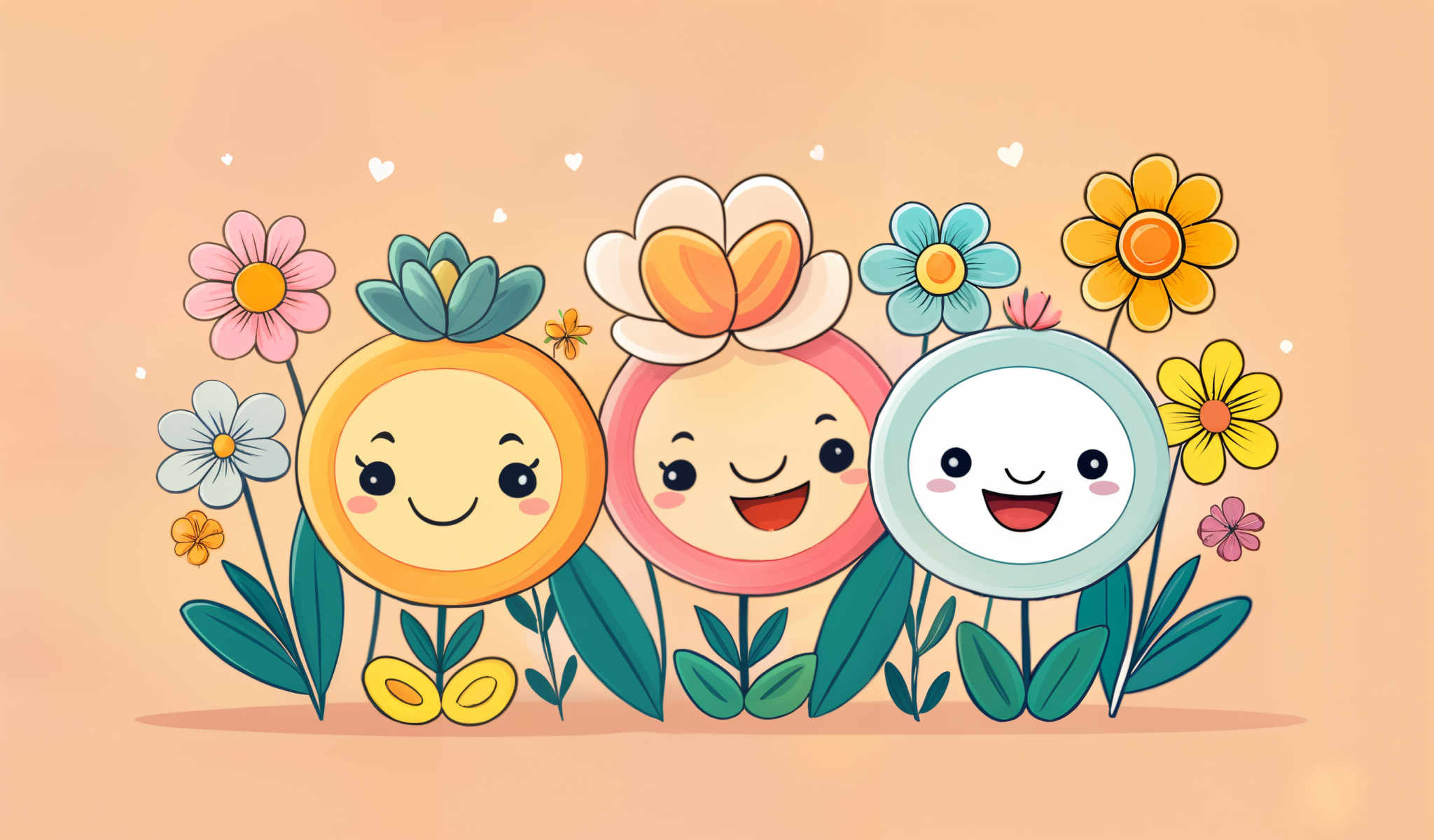 Three cartoon faces are shown with flowers on their heads.