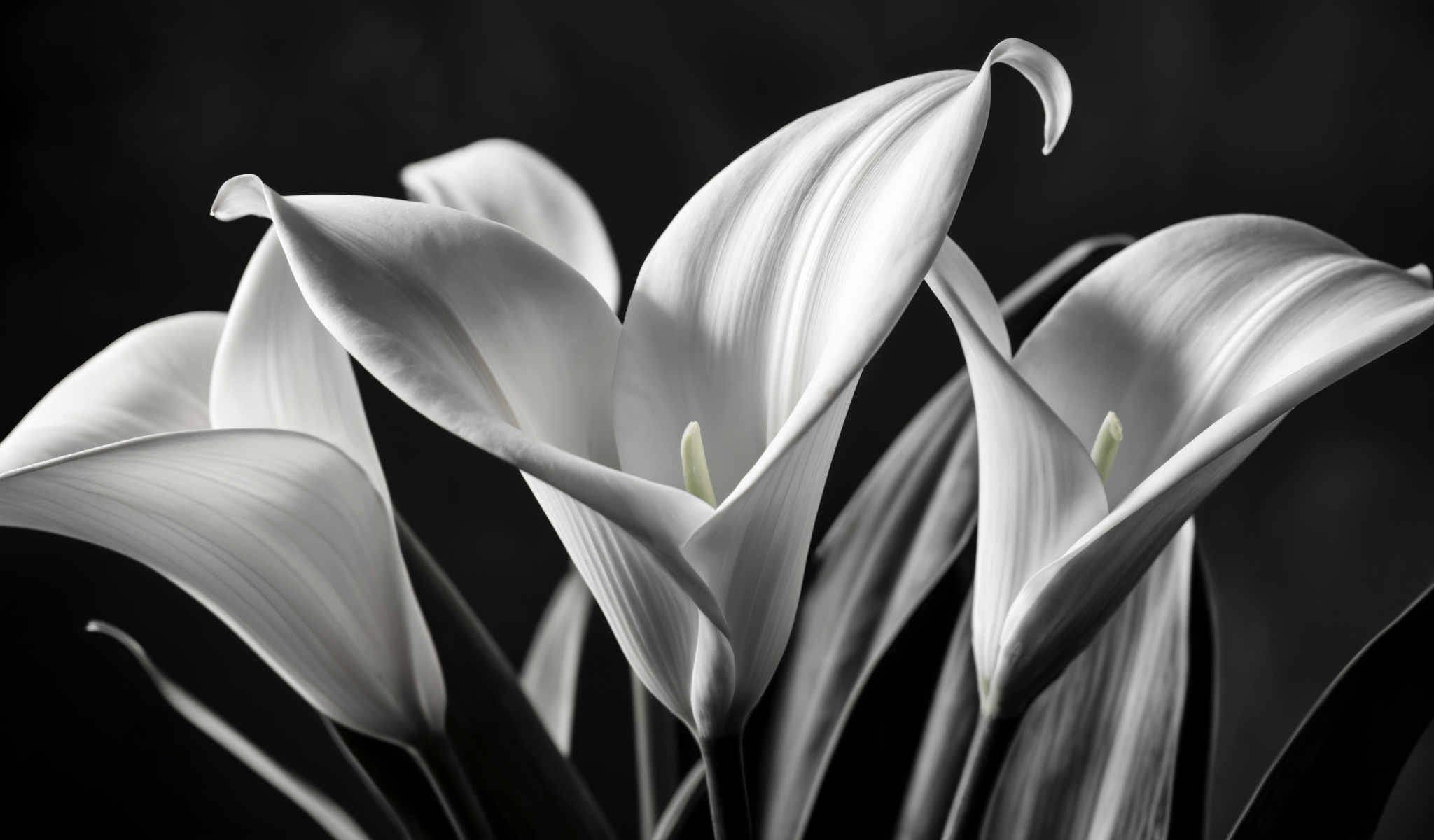 A black and white photo of a group of white lilies.