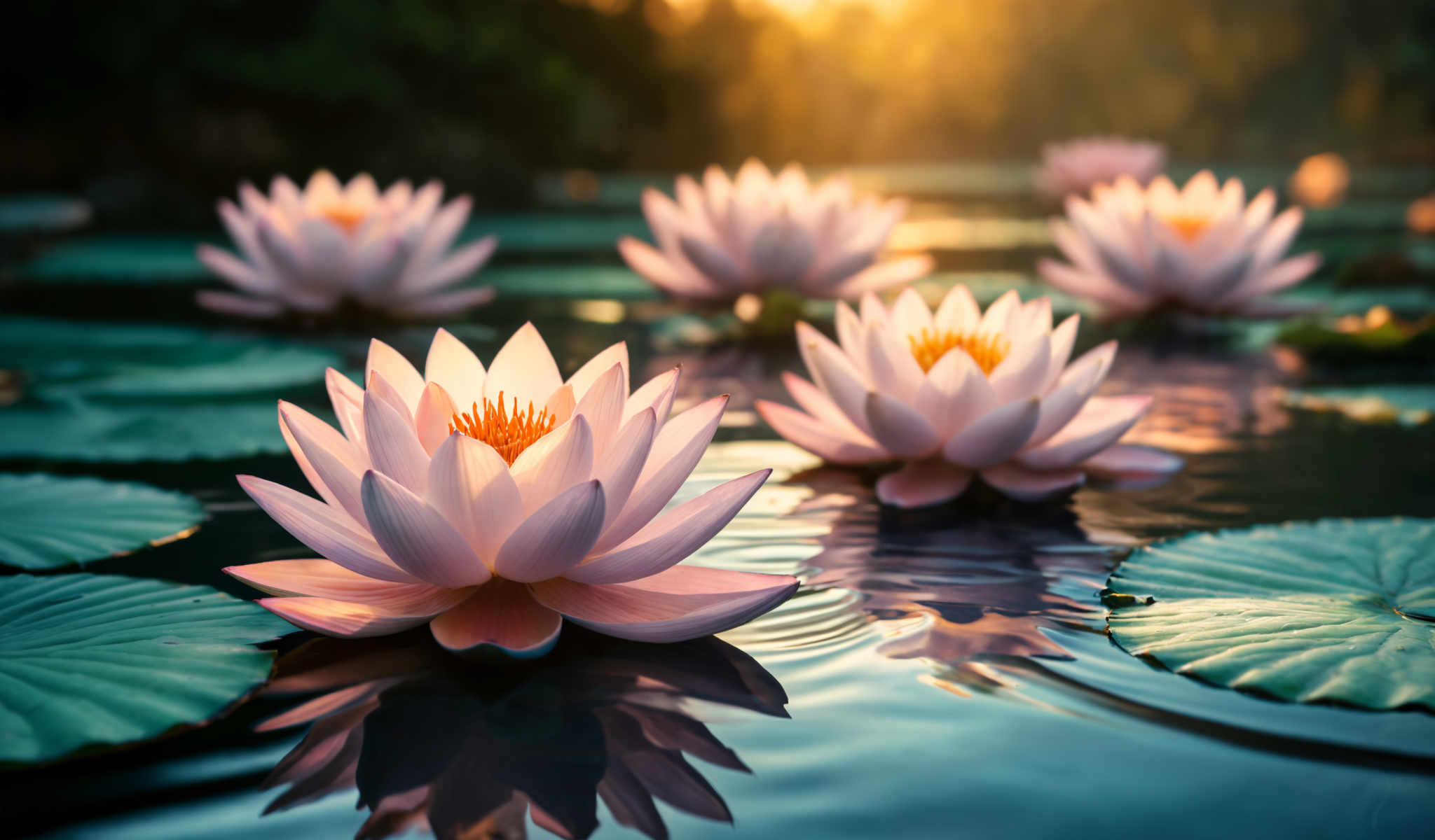 A serene scene of a pond at sunset with 6 pink and white lotus flowers floating on the water. The flowers are arranged in a semi-circle with one flower in the center and the other five surrounding it. The water is a deep blue color reflecting the warm hues of the sunset. The background is a blurred image of trees and foliage adding to the tranquil atmosphere. The image captures the beauty of nature and the peacefulness of a quiet pond at dusk.