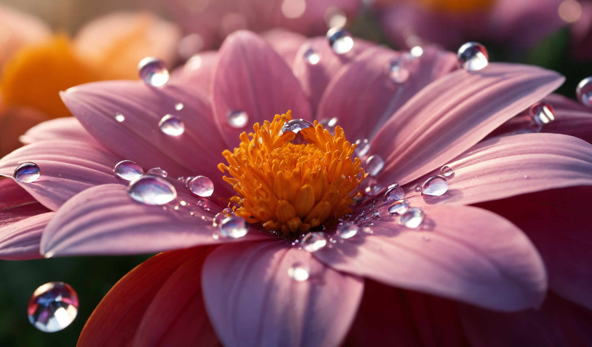 A close up of a pink flower with a yellow center. The flower is covered in water droplets.