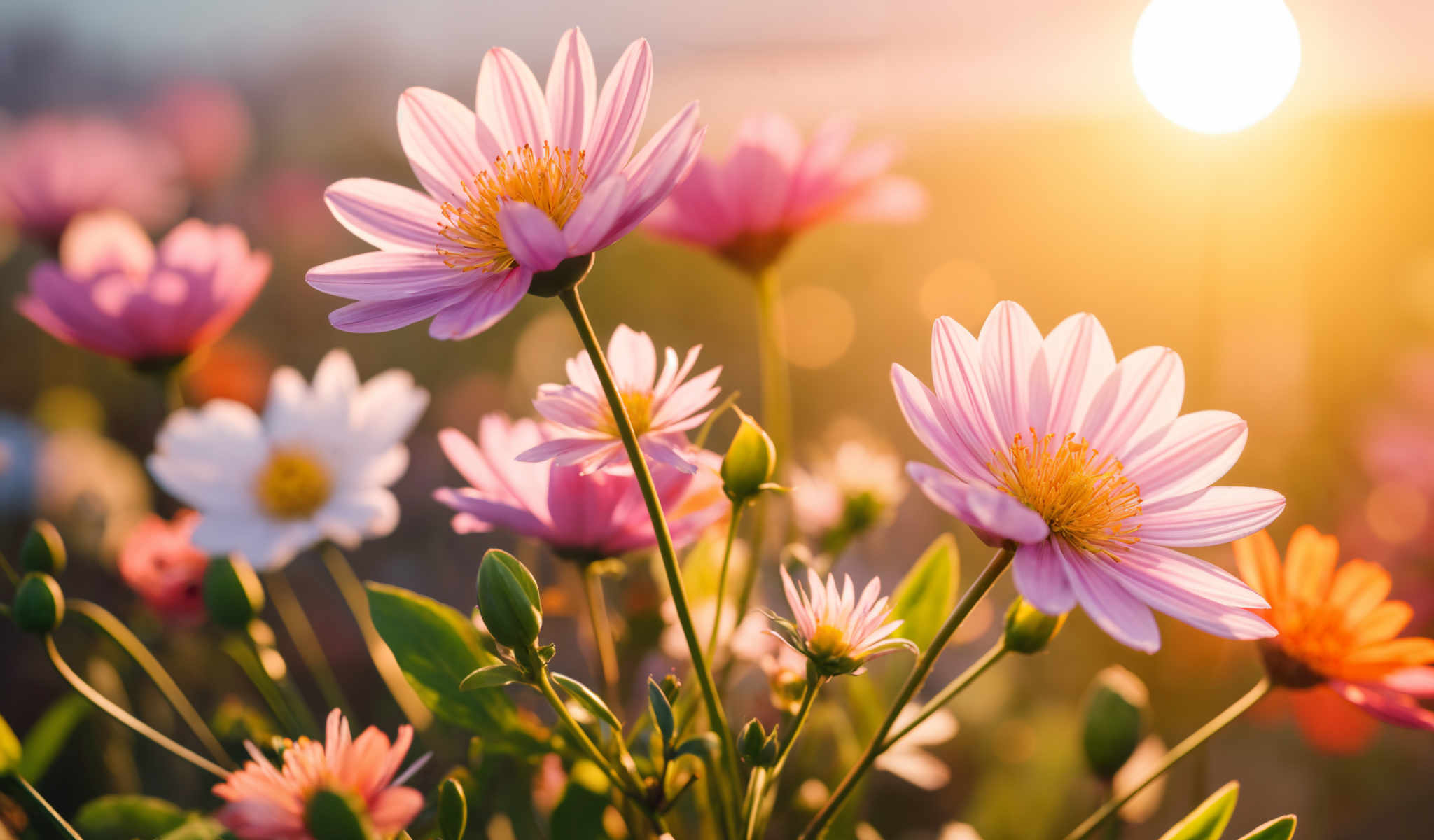 A beautiful bouquet of flowers with pink and white petals and yellow centers.