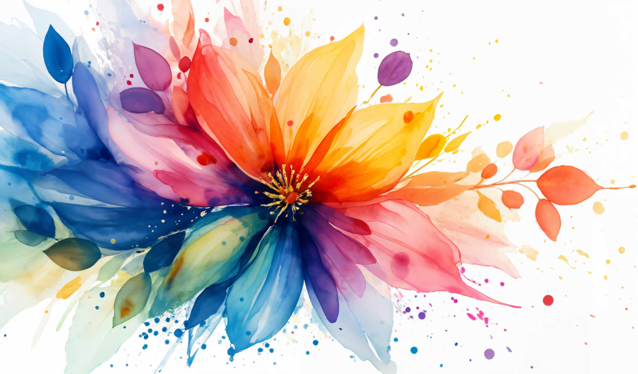 A vibrant abstract painting of a flower in full bloom. The flower is composed of numerous petals in a variety of colors including red orange yellow blue and purple. The center of the flower is a bright yellow and is surrounded by a ring of orange petals. The petals are arranged in a circular pattern creating a sense of symmetry and balance in the composition. The background is a stark white which contrasts with the colorful flower and allows it to stand out. Scattered throughout the image are small colorful dots in shades of blue pink and yellow adding an extra layer of visual interest to the painting. The overall effect is a dynamic and eye-catching piece of abstract art.