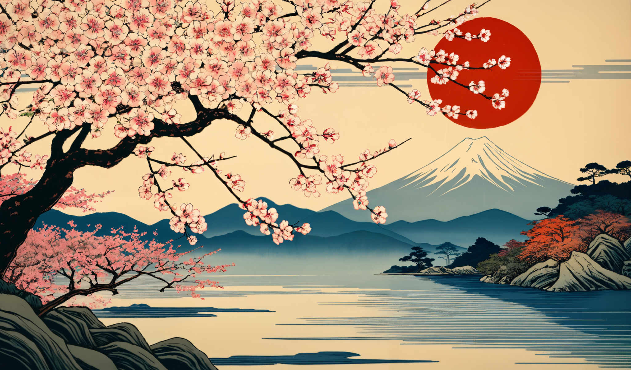 A painting of a mountain range with a red moon and pink cherry blossoms.