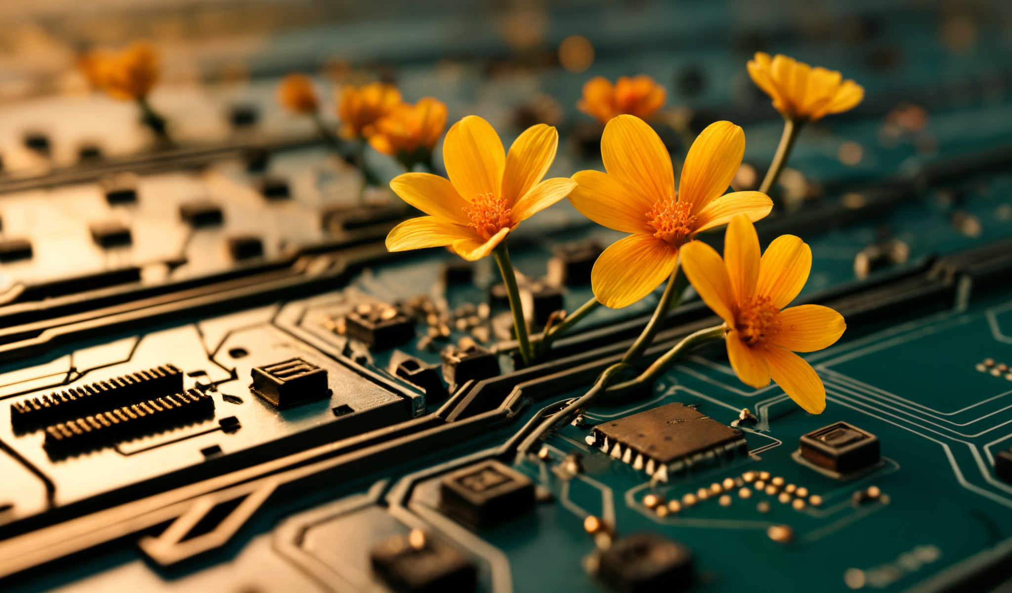 A close up of a circuit board with yellow flowers on top.