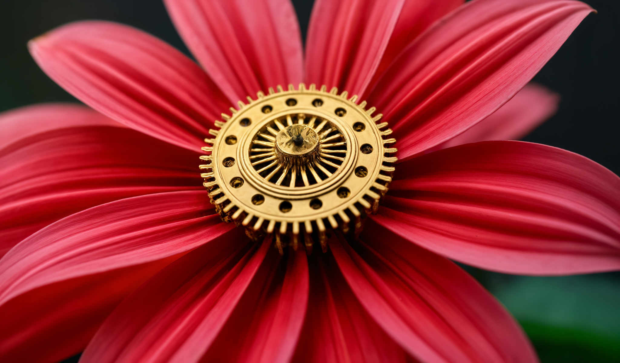 A close up of a gold colored gear with a flower in the background.