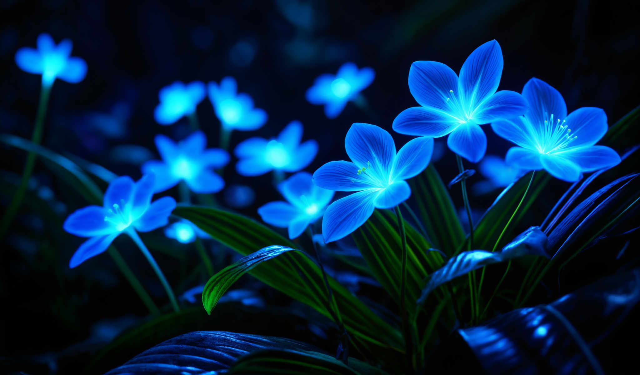 A group of blue flowers with green leaves.