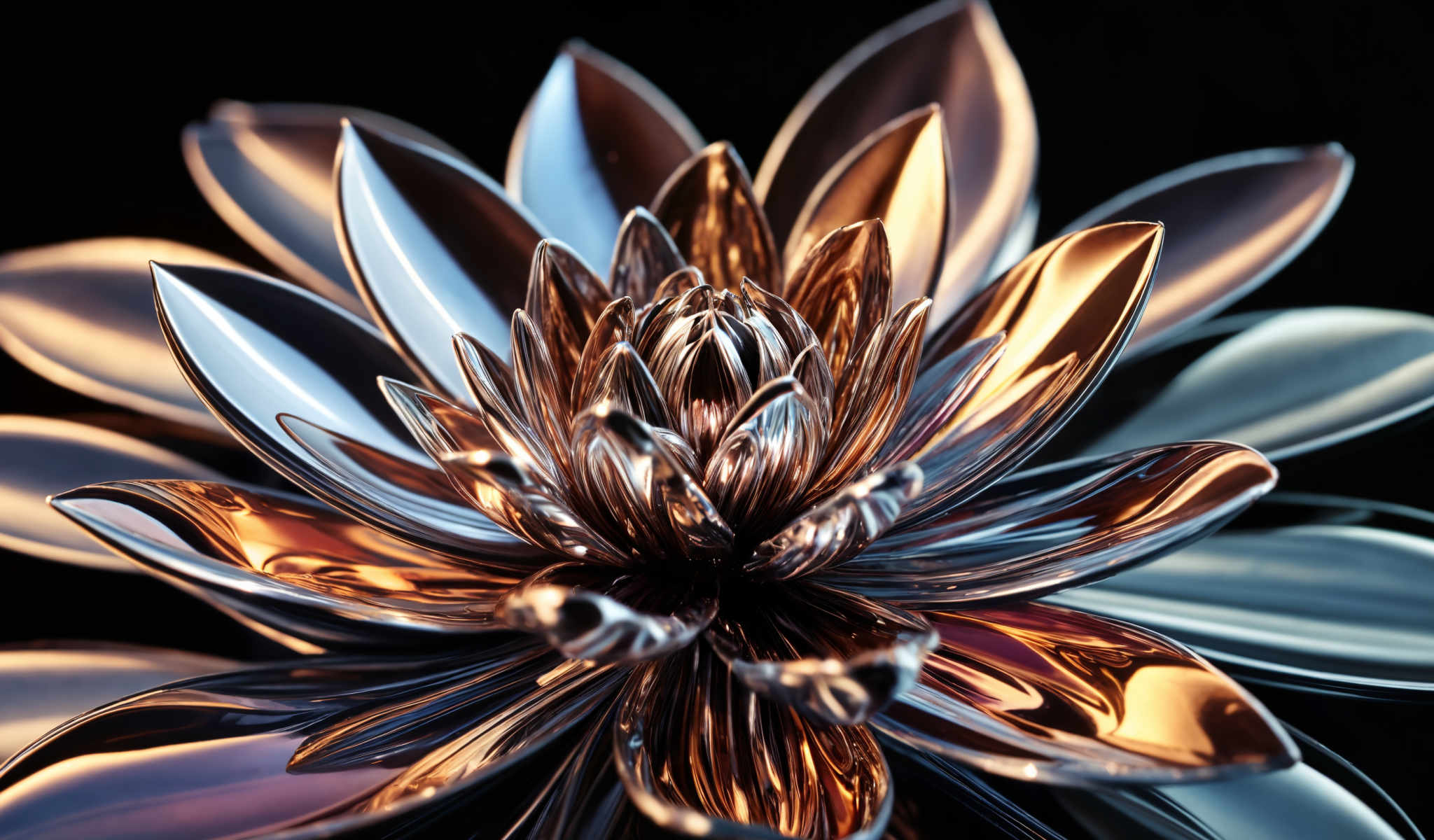 A close up of a metallic flower with a blue and gold background.