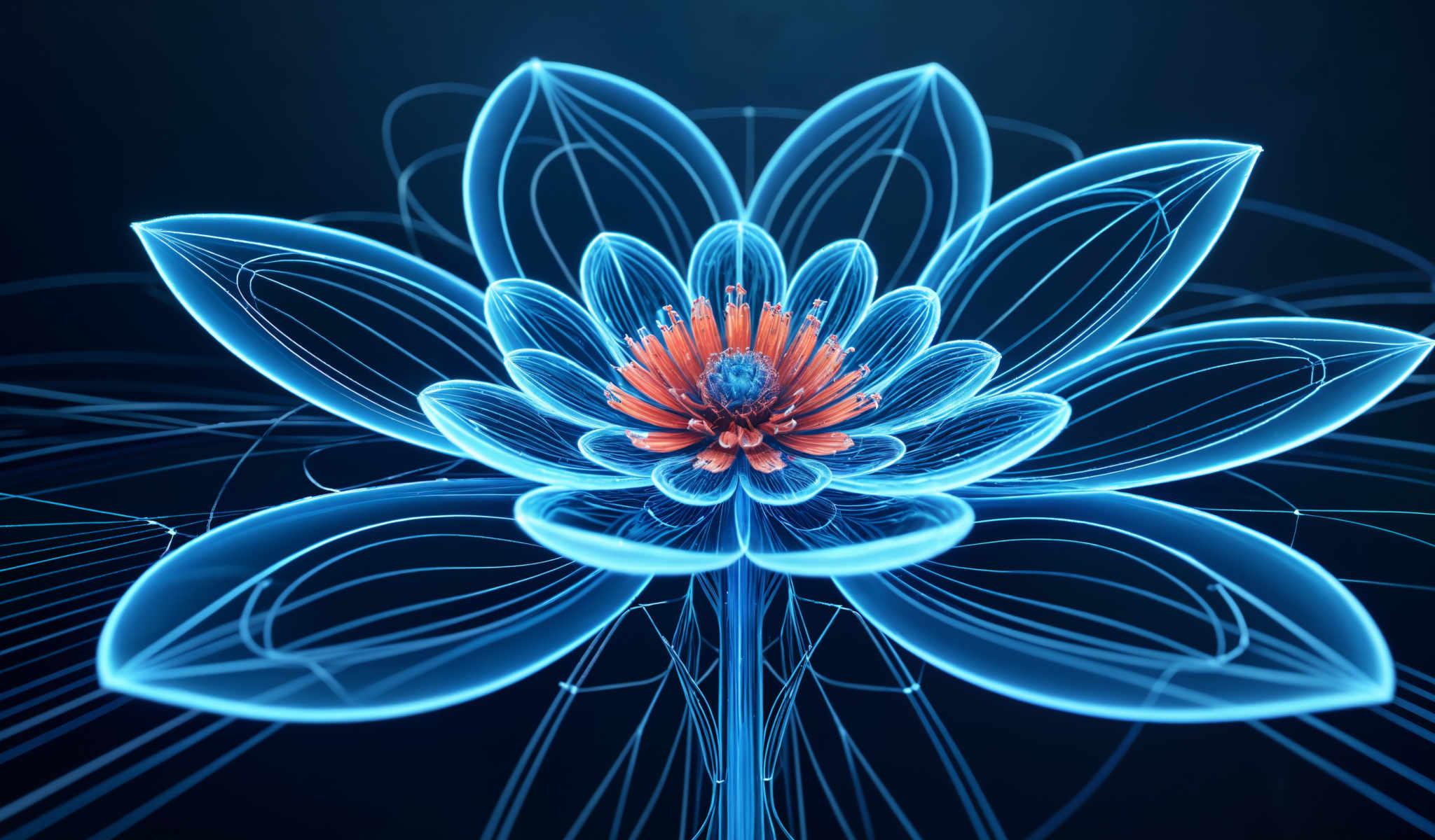 A digital illustration of a blue flower with a red center.