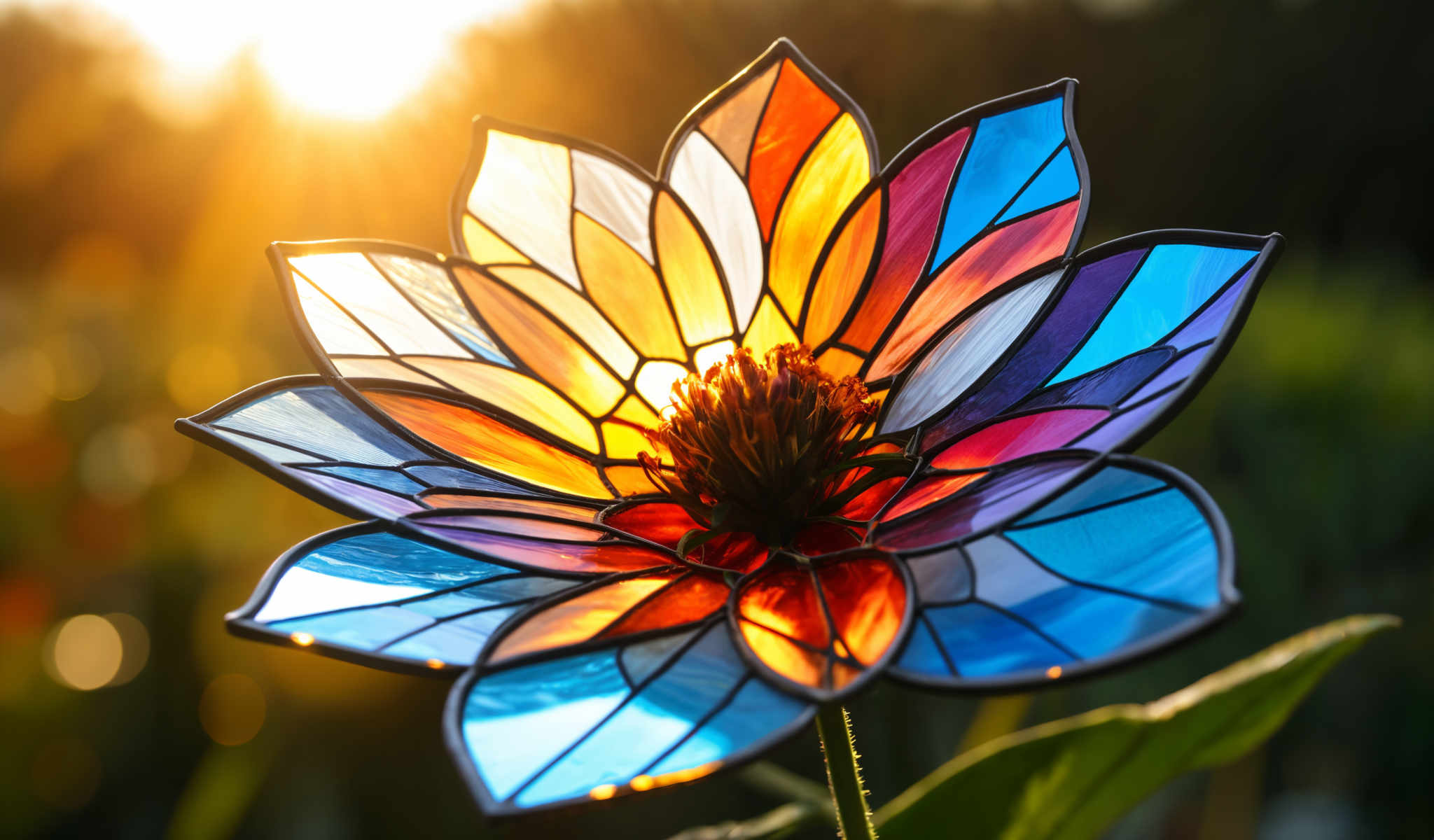 A colorful stained glass flower with a yellow center.