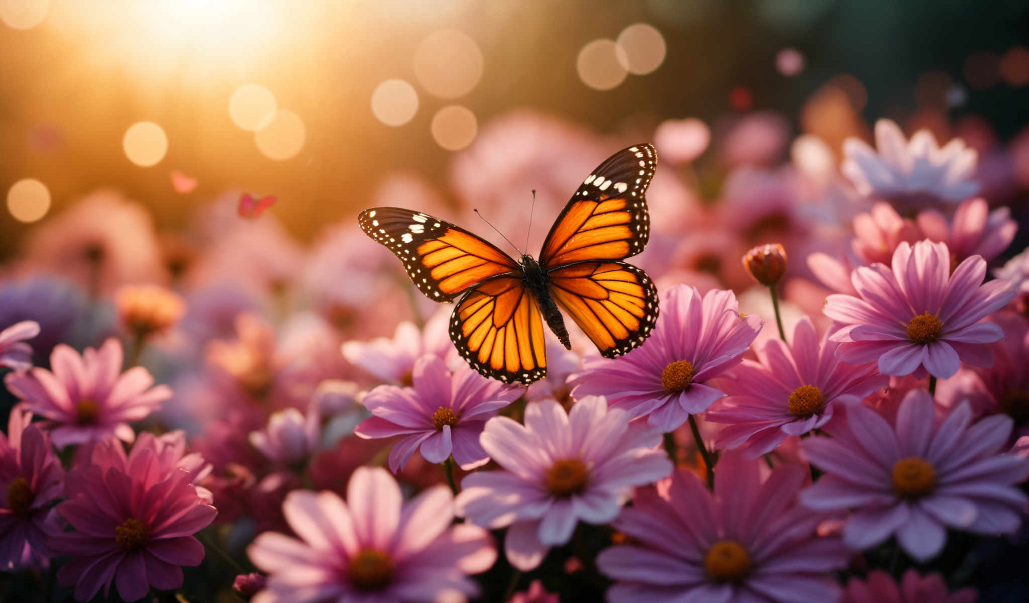 A butterfly with orange wings and black spots is flying over a field of pink flowers.