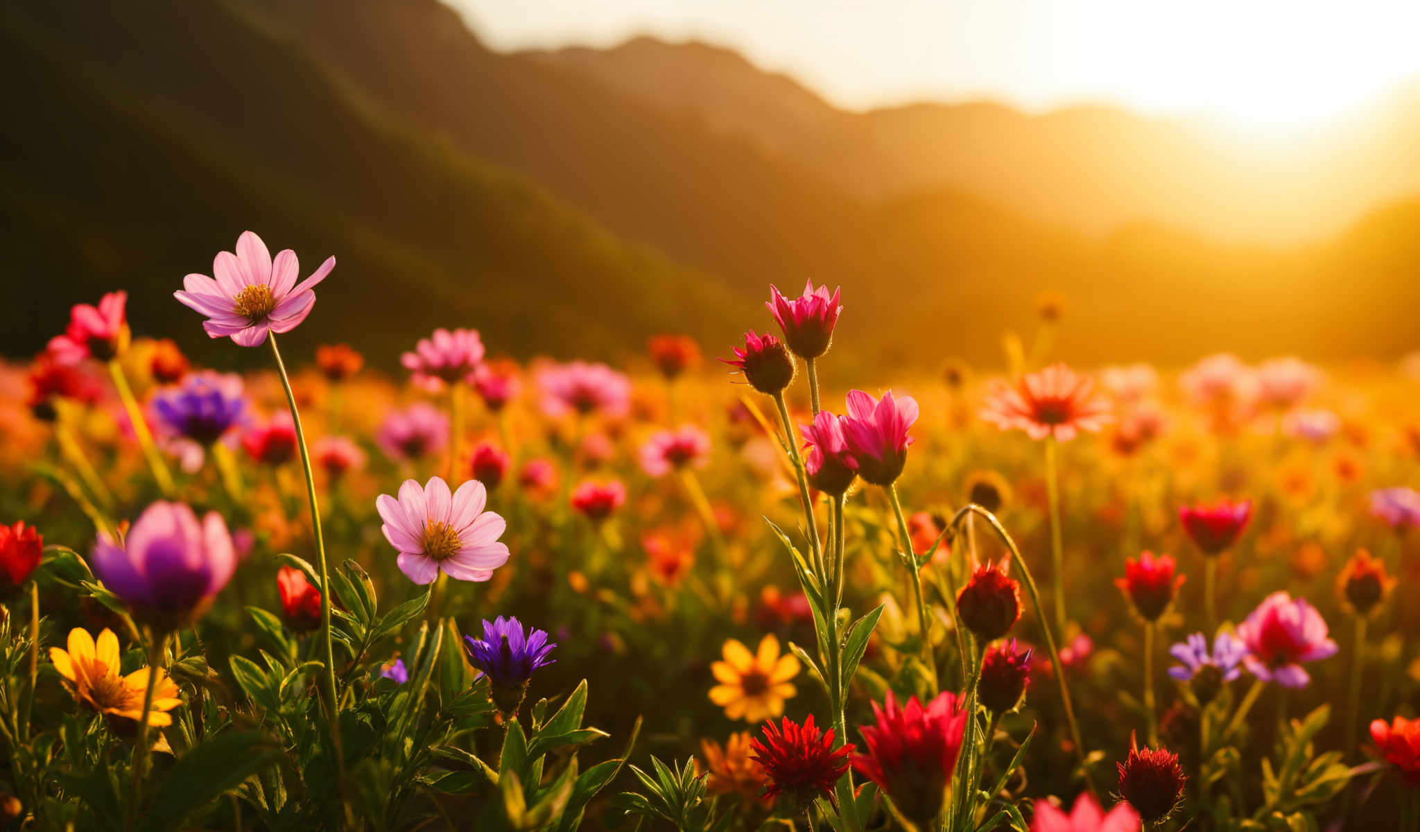 A vibrant field of flowers in full bloom with a variety of colors including pink purple red and yellow. The flowers are in the foreground with the background featuring a mountain range under a clear blue sky. The sun is shining brightly casting a warm glow over the entire scene. The image captures the beauty and diversity of nature with each flower contributing to the overall harmony of the landscape.