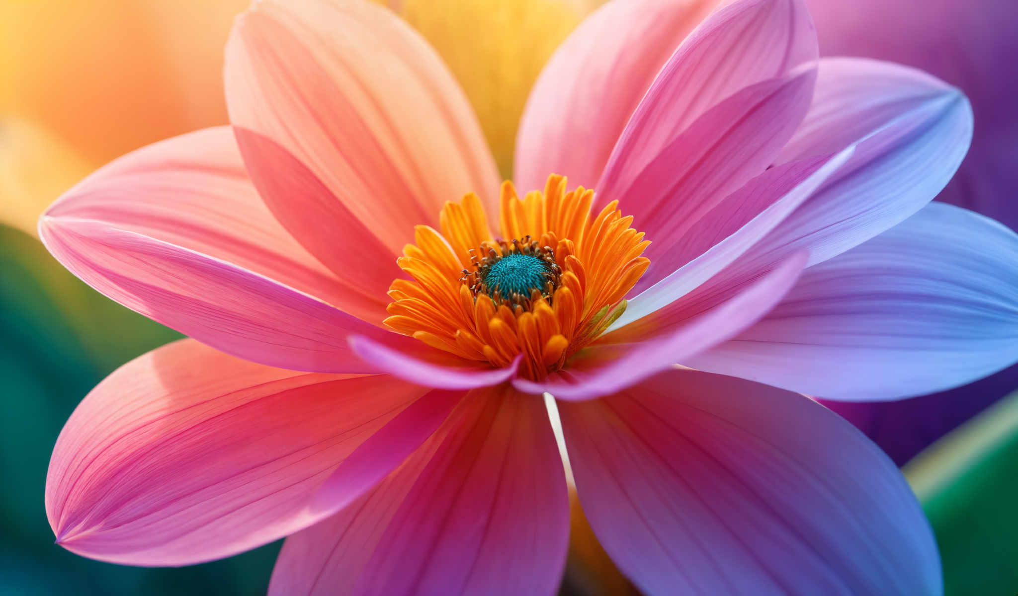 A vibrant flower with a yellow center and pink petals.