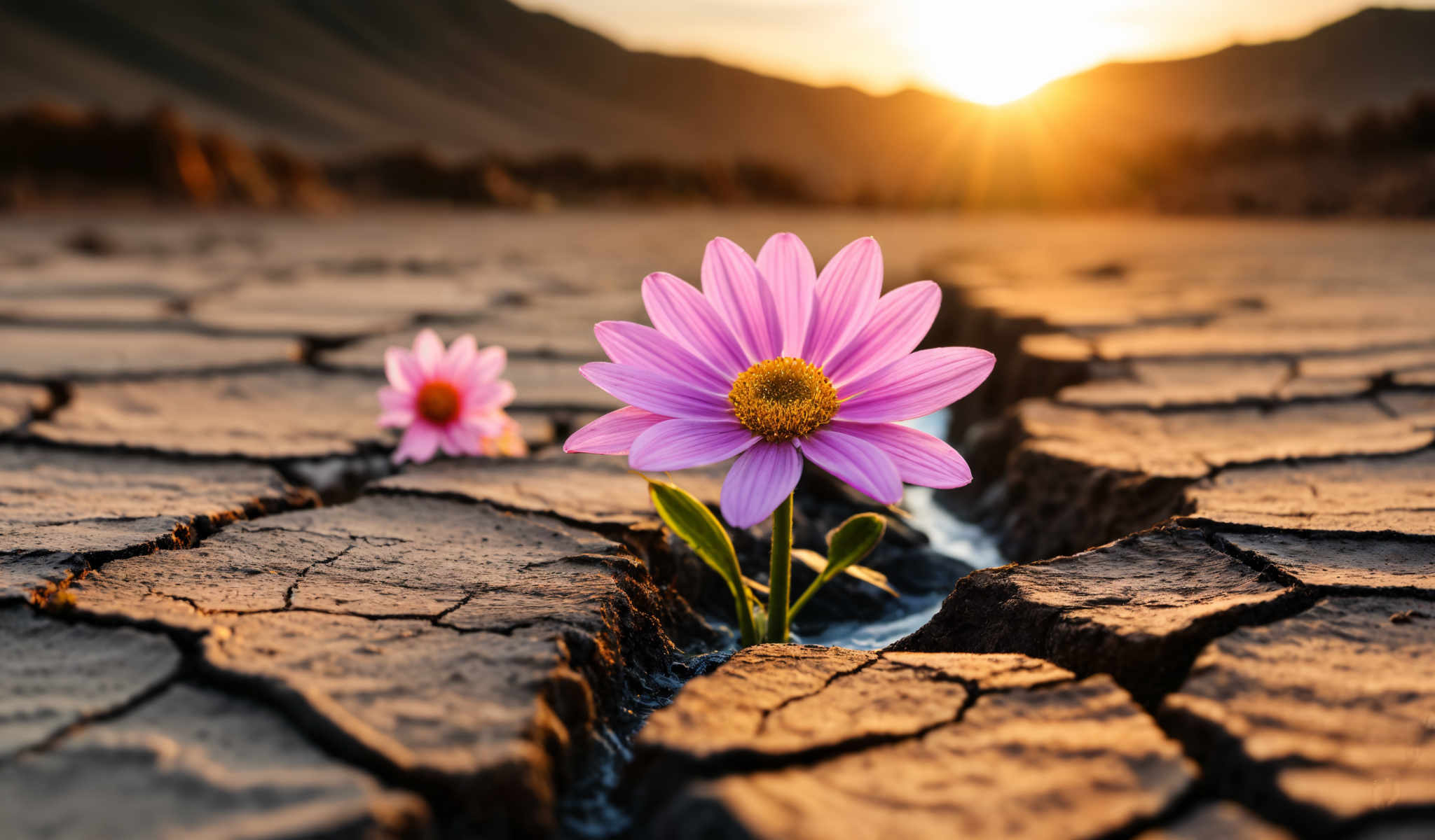 A purple flower with a yellow center is growing in a crack in the ground.