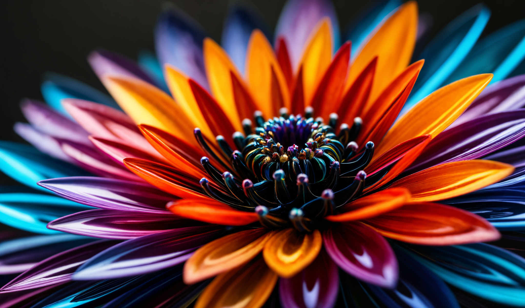 A vibrant multicolored flower with a multitude of petals in various colors including orange red blue purple and yellow. The center of the flower is a deep purple and is surrounded by a ring of blue and yellow petals. The flower is set against a dark background which accentuates its colors and makes it stand out. The image does not contain any text or other discernible objects. The relative position of the petals to each other and the center creates a harmonious and balanced composition. The colors of the flowers are vivid and appear to be of equal intensity contributing to the overall vibrancy of the scene. The number of petals is too numerous to count accurately from the image alone. The petals are arranged in a radial pattern around the center typical of many flower species. The precise location of the objects is not discernible from the close-up view of the photo. The actions of the object are not applicable in this context as the image is a still life. The description is based solely on the visible content of the photograph without any added imagination or aesthetic interpretation.