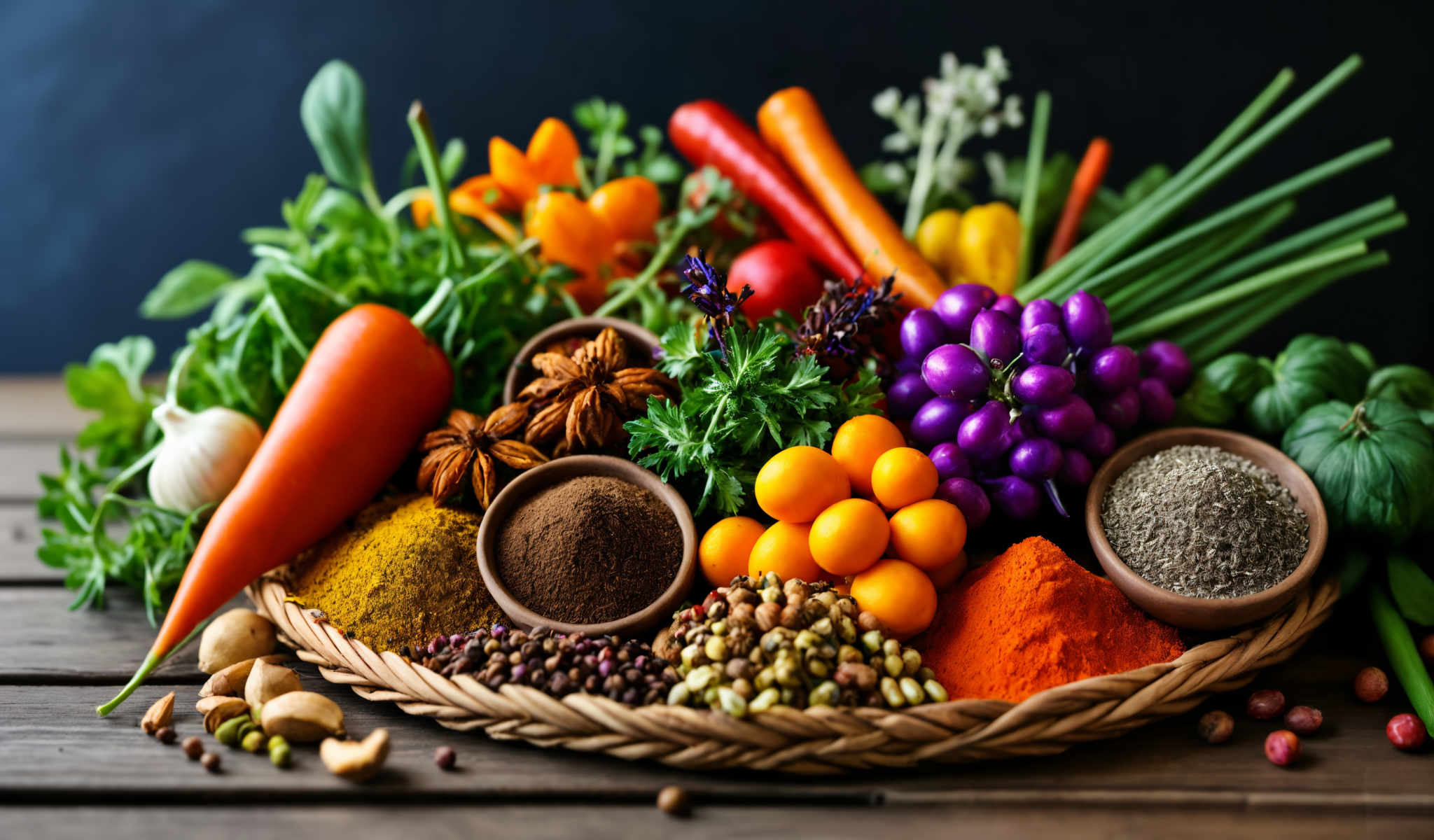 A wooden table is adorned with a variety of colorful spices and vegetables. The spices including turmeric paprika and cumin are arranged in a circular pattern. The vegetables including carrots radishes and eggplant are scattered around the spices. The colors of the spices and veggies create a vibrant and appetizing display.