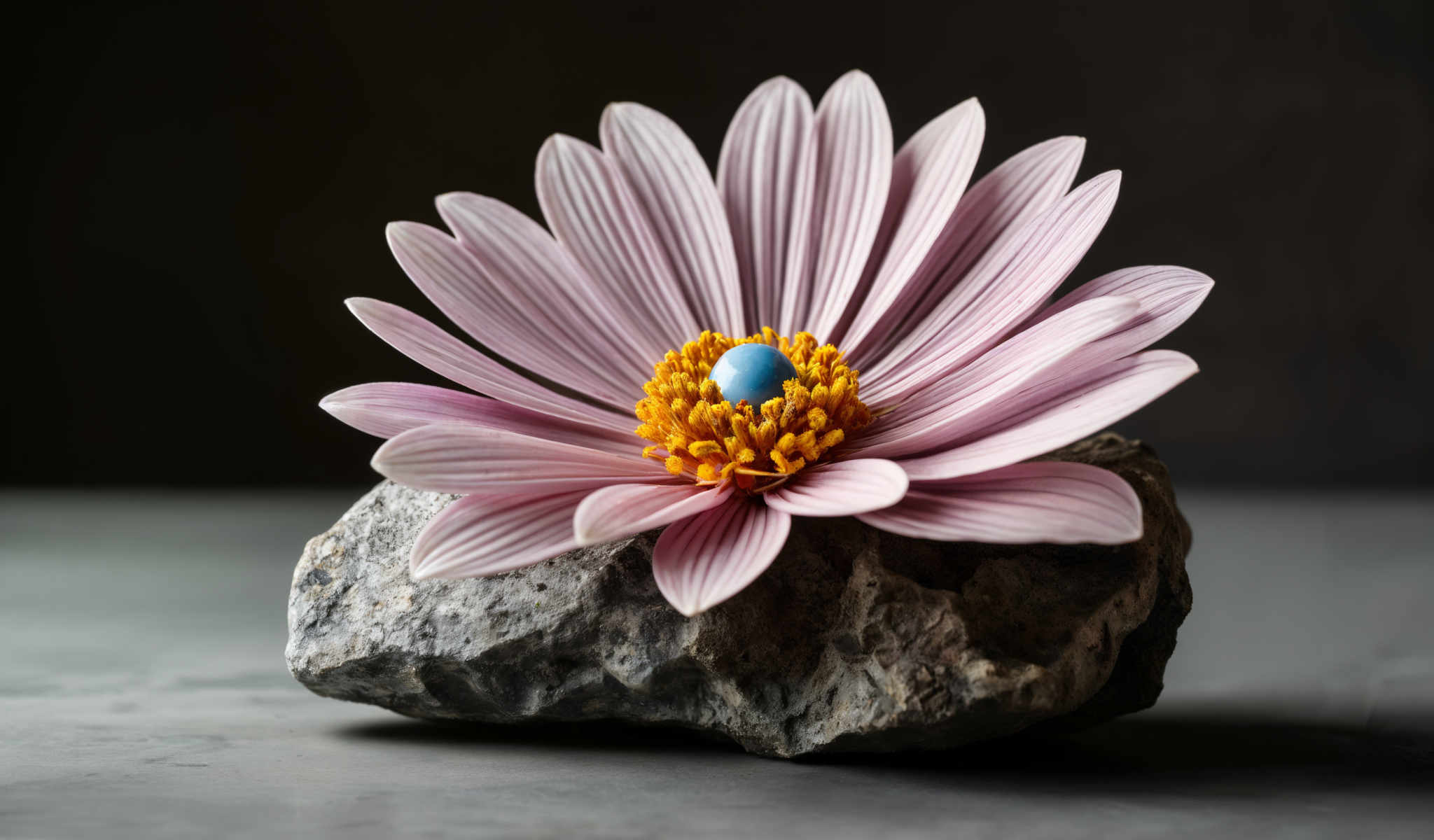 A purple flower with a blue center and yellow petals.