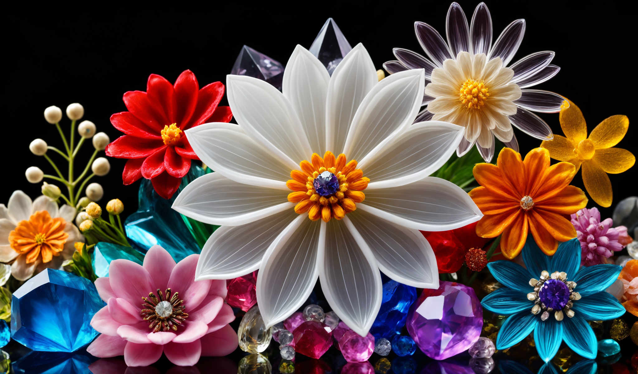 A beautiful arrangement of flowers and crystals. The flowers are in various colors including red white yellow and orange. The crystals are in shades of blue pink and purple. The arrangement is set against a black background.