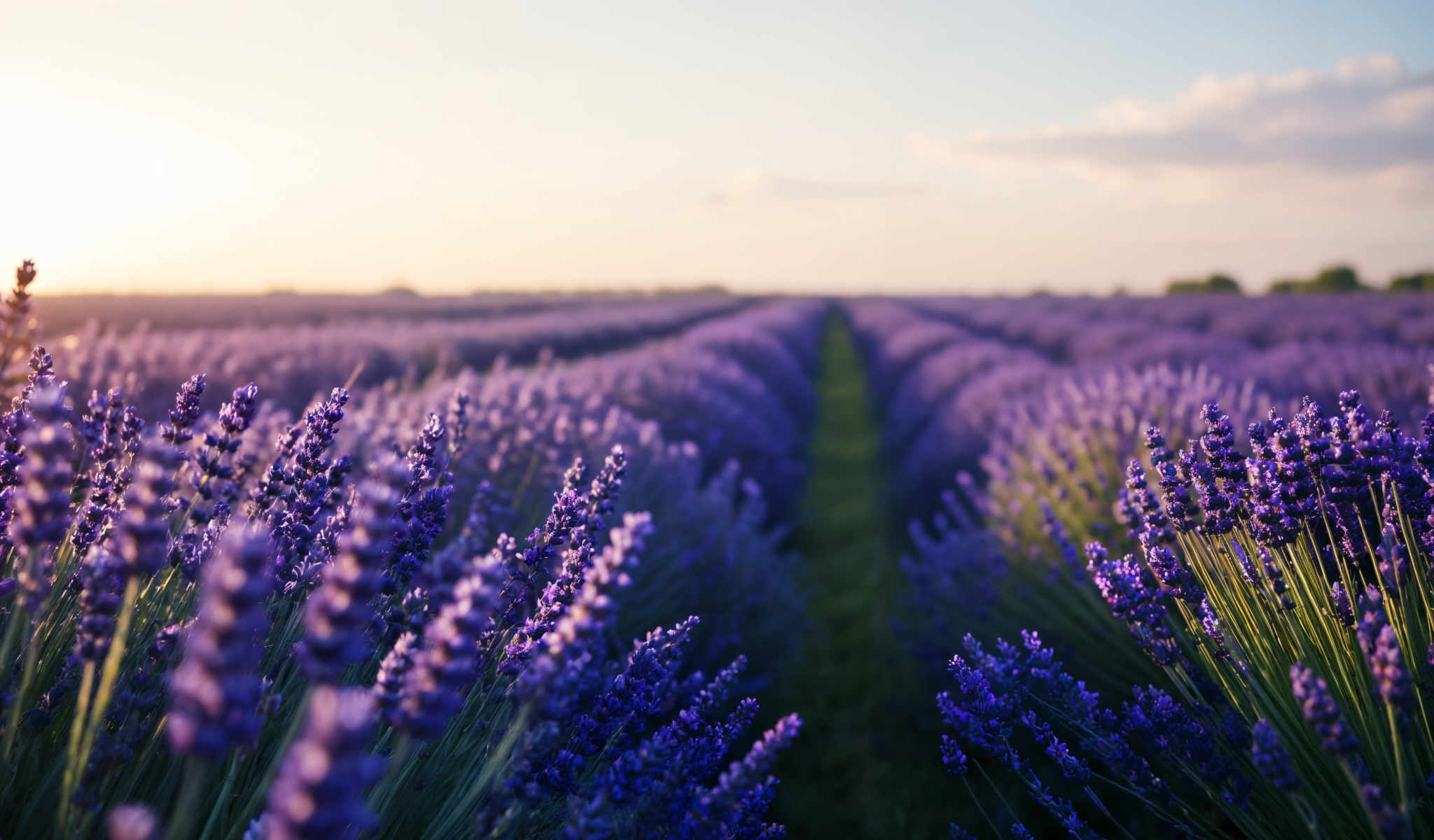 A field of lavender flowers with a path through the middle.