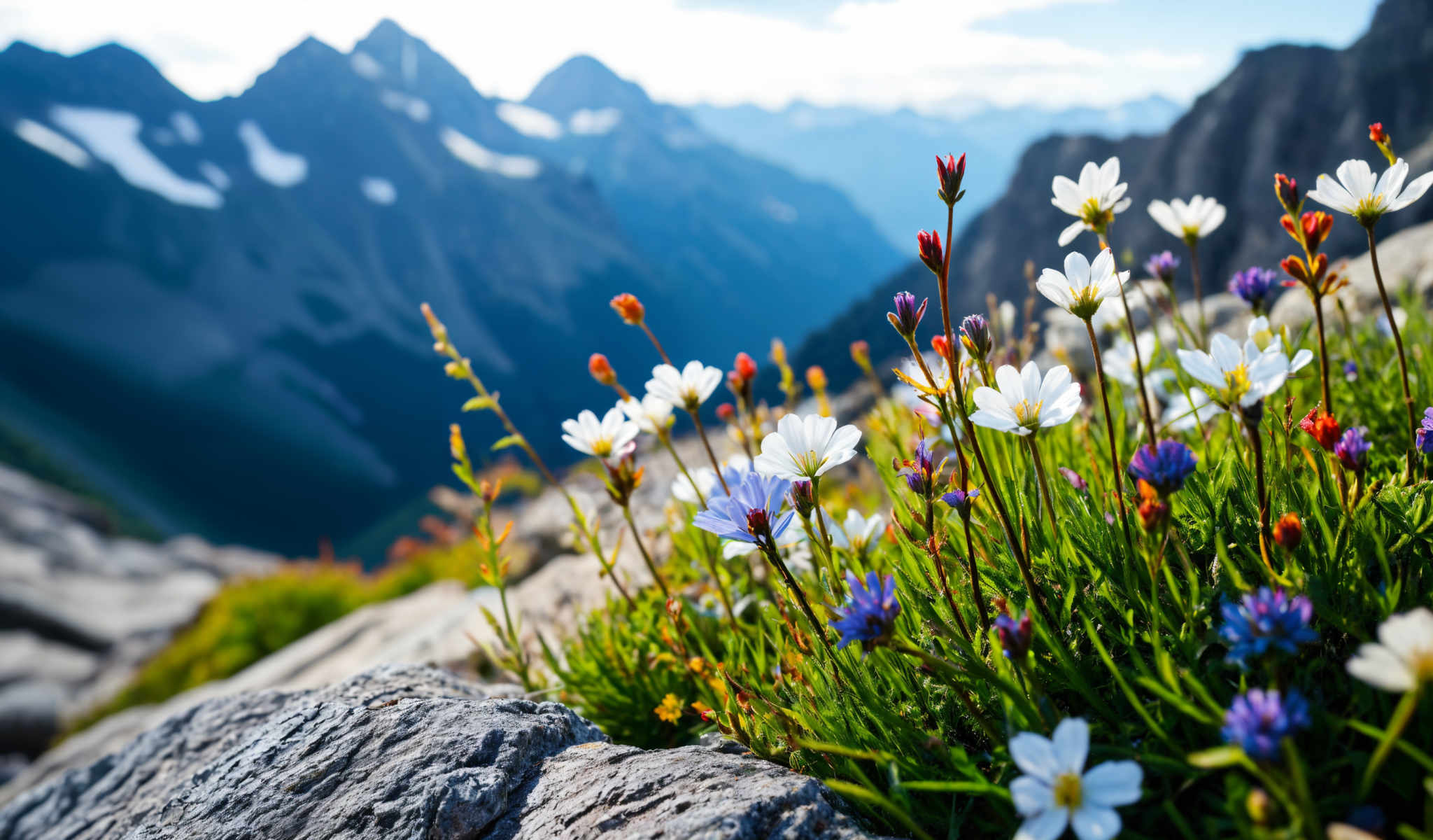 A beautiful mountain landscape with a variety of colorful flowers.