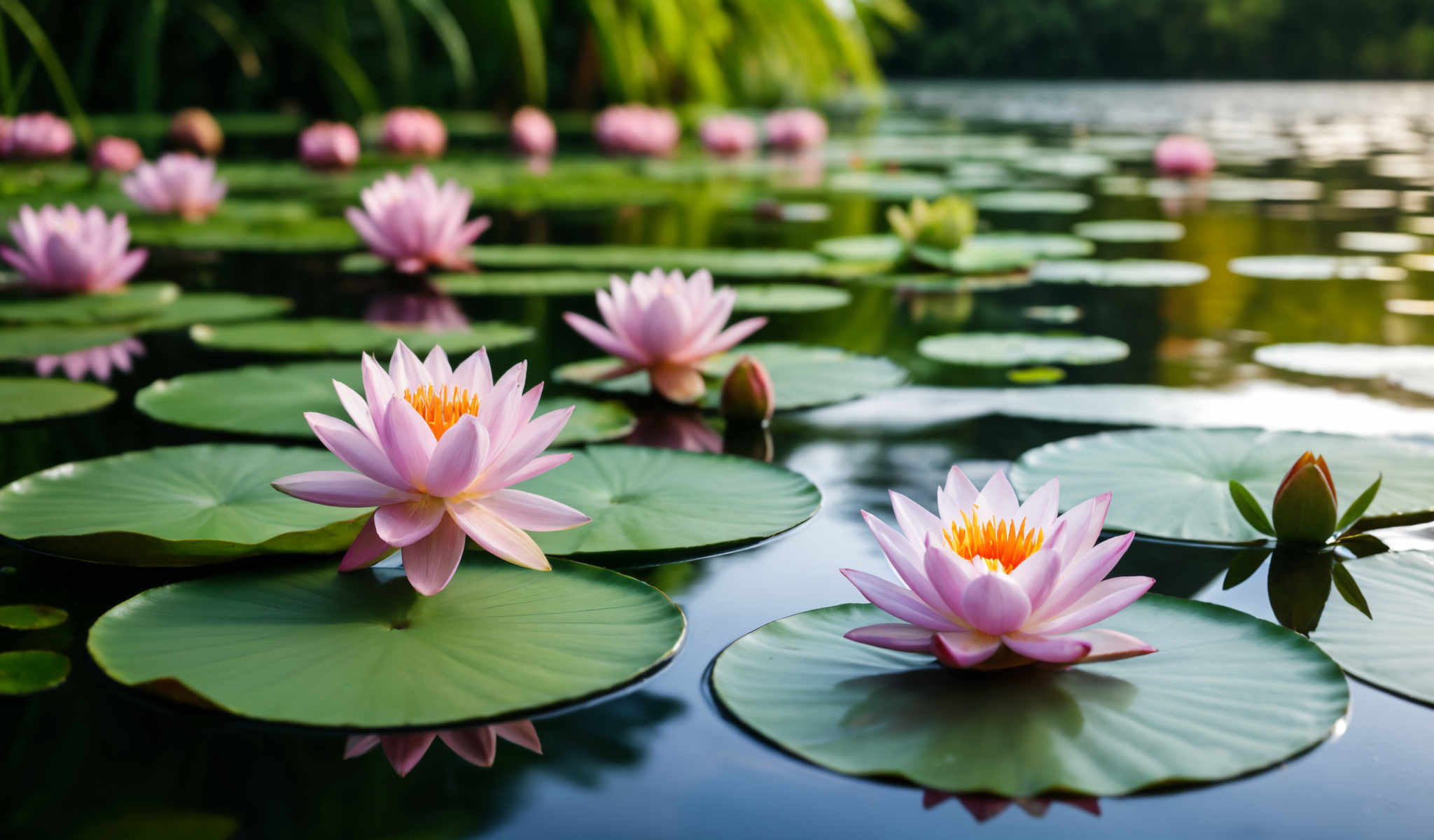 The image captures a serene scene of a pond where the water is adorned with pink and yellow water lilies. The lilies are floating on the surface of the pond creating a beautiful contrast with the blue water. The pond is surrounded by lush greenery including trees and bushes which add to the tranquility of the scene. The image is taken from a low angle giving a unique perspective that emphasizes the lilies and the water. This perspective also allows for a clear view of the greenery in the background. The colors in the image are vibrant with the pink and white of the liles standing out against the blue of the water and the green of the vegetation. The overall composition of the photo suggests a peaceful and idyllic setting.