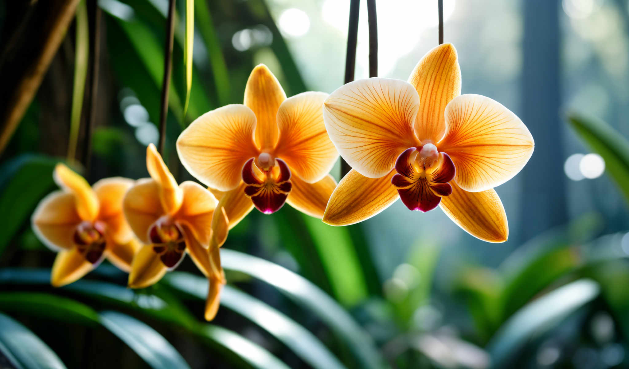 A group of three yellow and red orchids hanging from a tree.