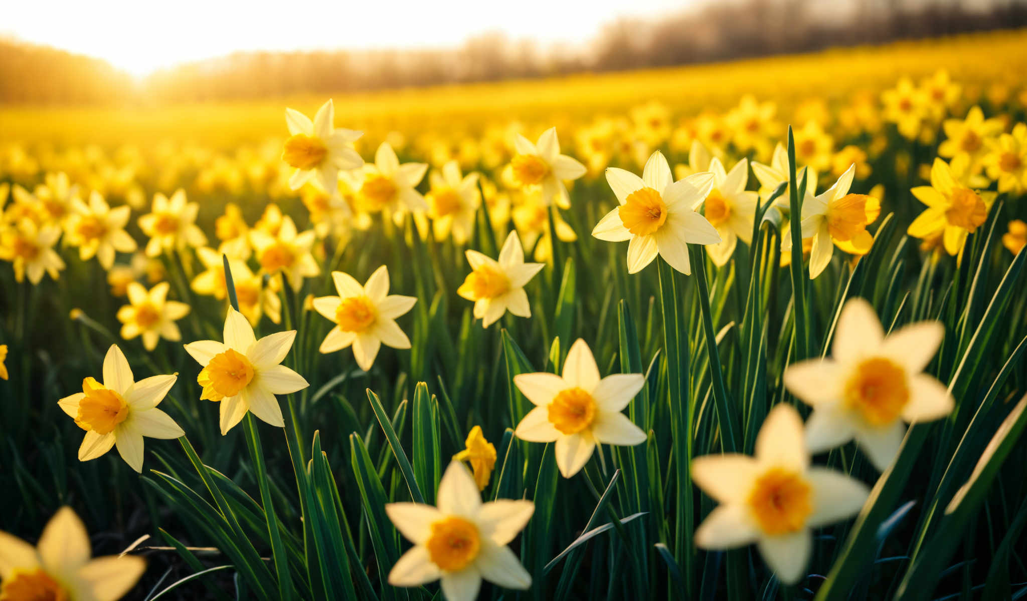 A field of daffodils in full bloom.