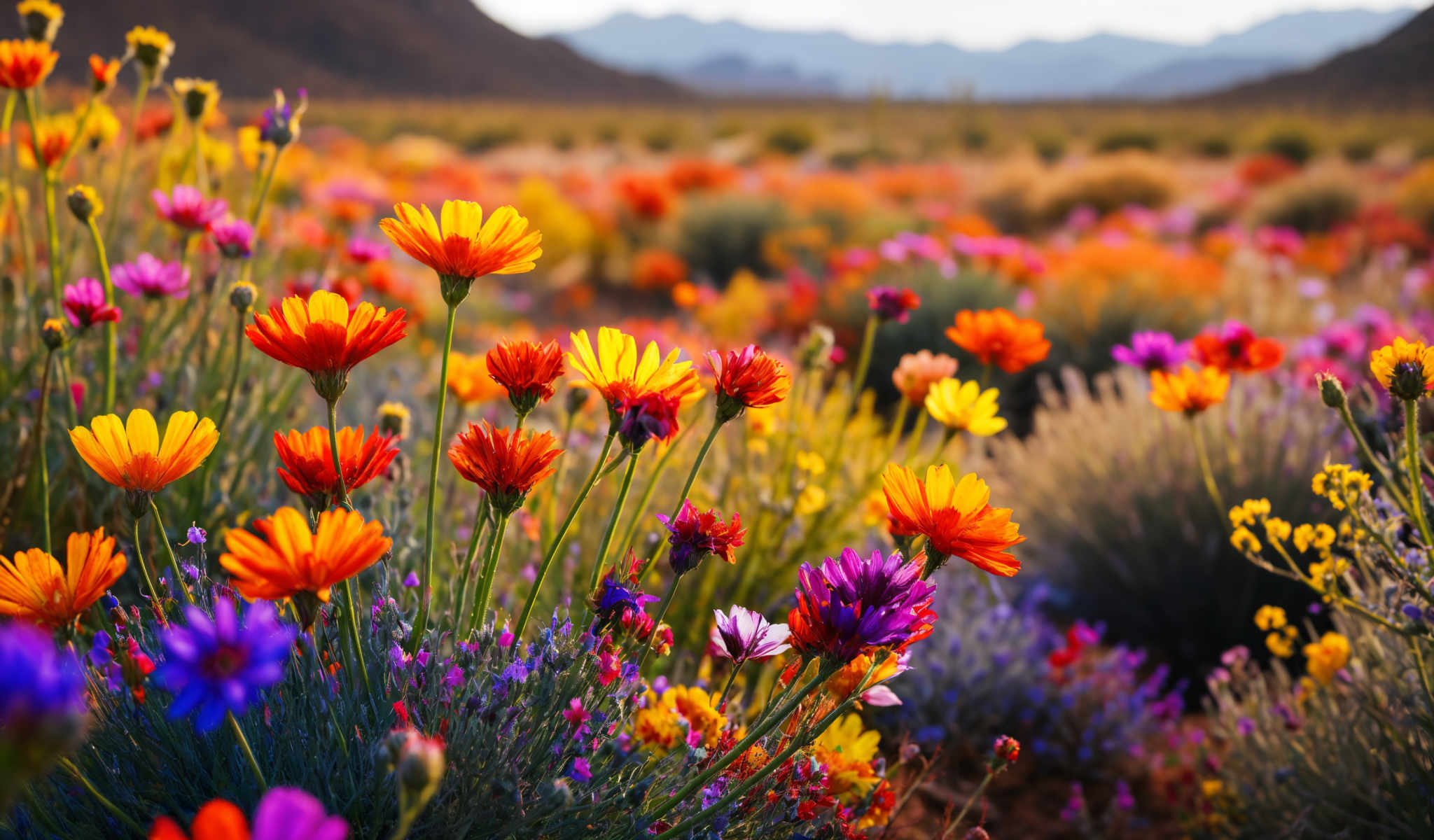 A vibrant field of flowers in full bloom with a variety of colors including red orange yellow and purple. The flowers are in sharp focus while the background is artistically blurred. The field is set against a backdrop of a mountain range under a clear blue sky. The image captures the beauty and diversity of nature in a single frame.