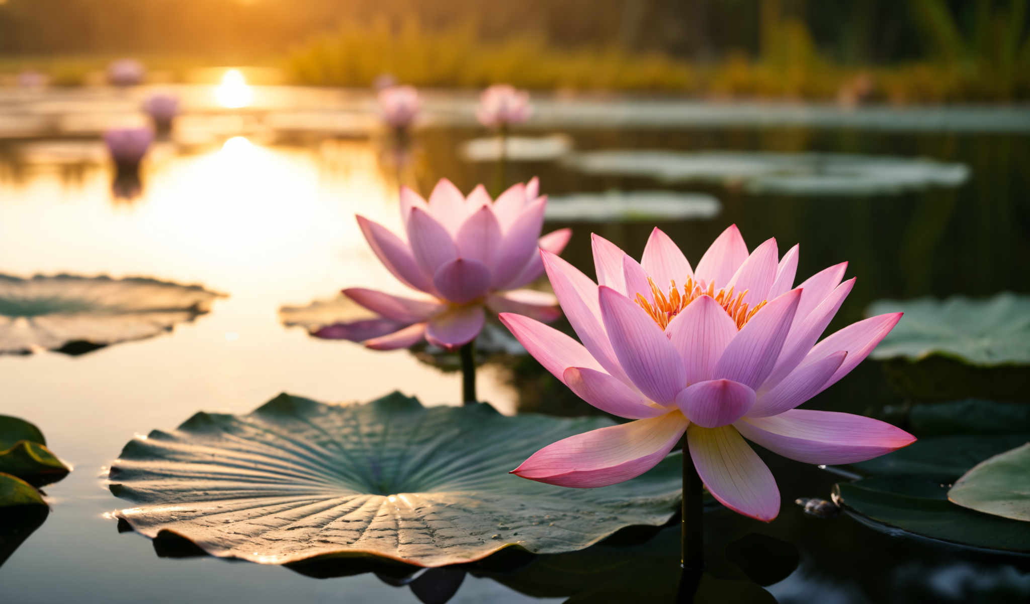 A serene scene of three pink lotus flowers floating on a body of water. The flowers are in the foreground with the water and lily pads in the background. The sun is shining brightly casting a warm glow on the scene. The lotus a symbol of purity and beauty is the main focus of the photo. The lily pad a common habitat for the lotus flower adds to the natural beauty of the scene.

The water is calm reflecting the sun's rays and creating a mirror-like effect. The photo captures the lotuses from a low angle making them appear larger and more prominent. The colors in the photo are vibrant with a mix of pink from the lotos green from the lily padds and blue from the water. This combination of colors creates a visually pleasing contrast.

The photo is taken during the day as evidenced by the bright sunlight. The sunlight illuminates the scene highlighting the lotoses and casting shadows on the lilies. The overall composition of the photograph is balanced with each element - the lotosis lily paddle and water - contributing to a harmonious whole. The image is a beautiful representation of nature's tranquility and beauty.