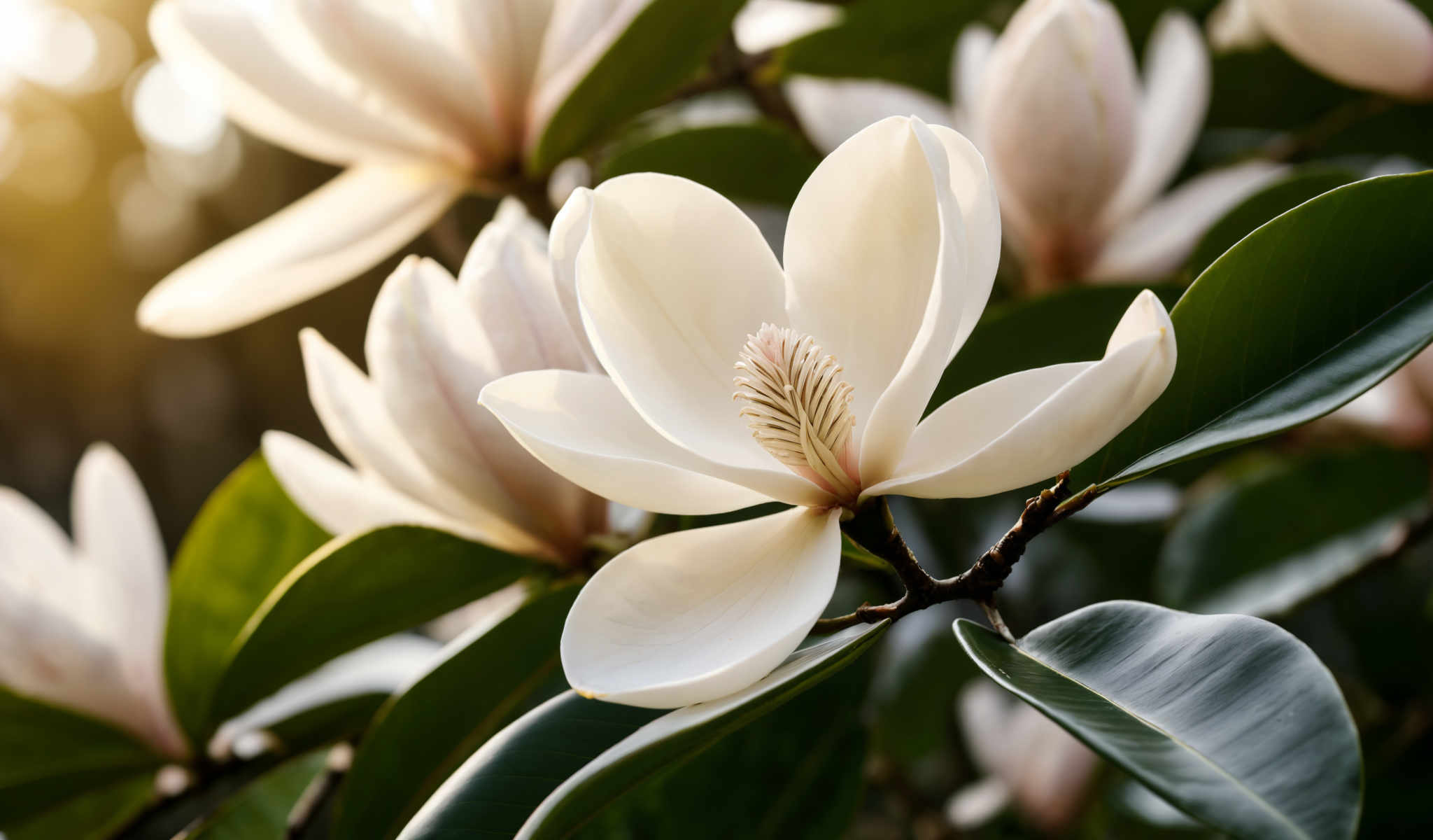 A white flower with a yellow center is surrounded by green leaves.