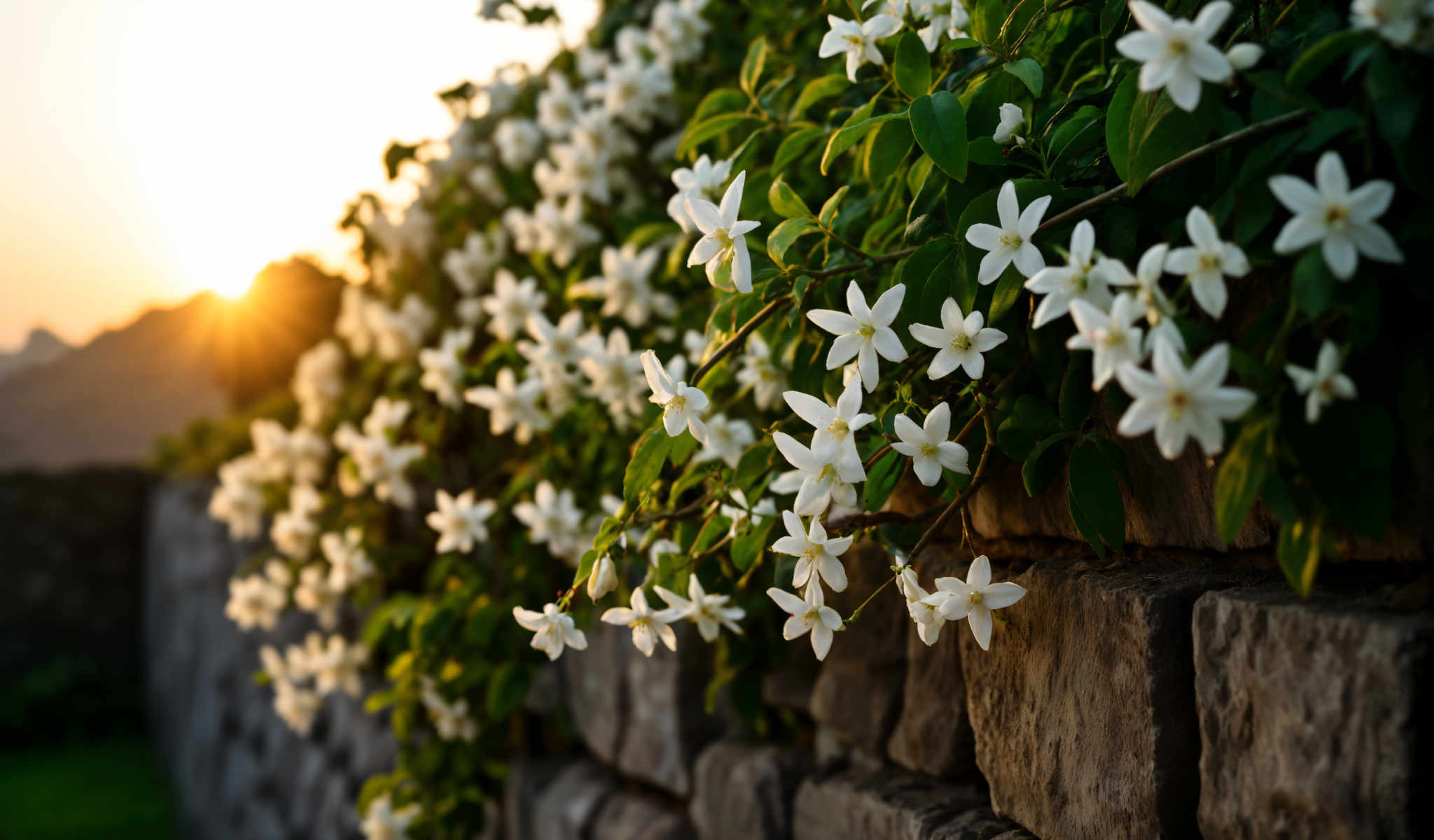 A beautiful view of white flowers on a wall.