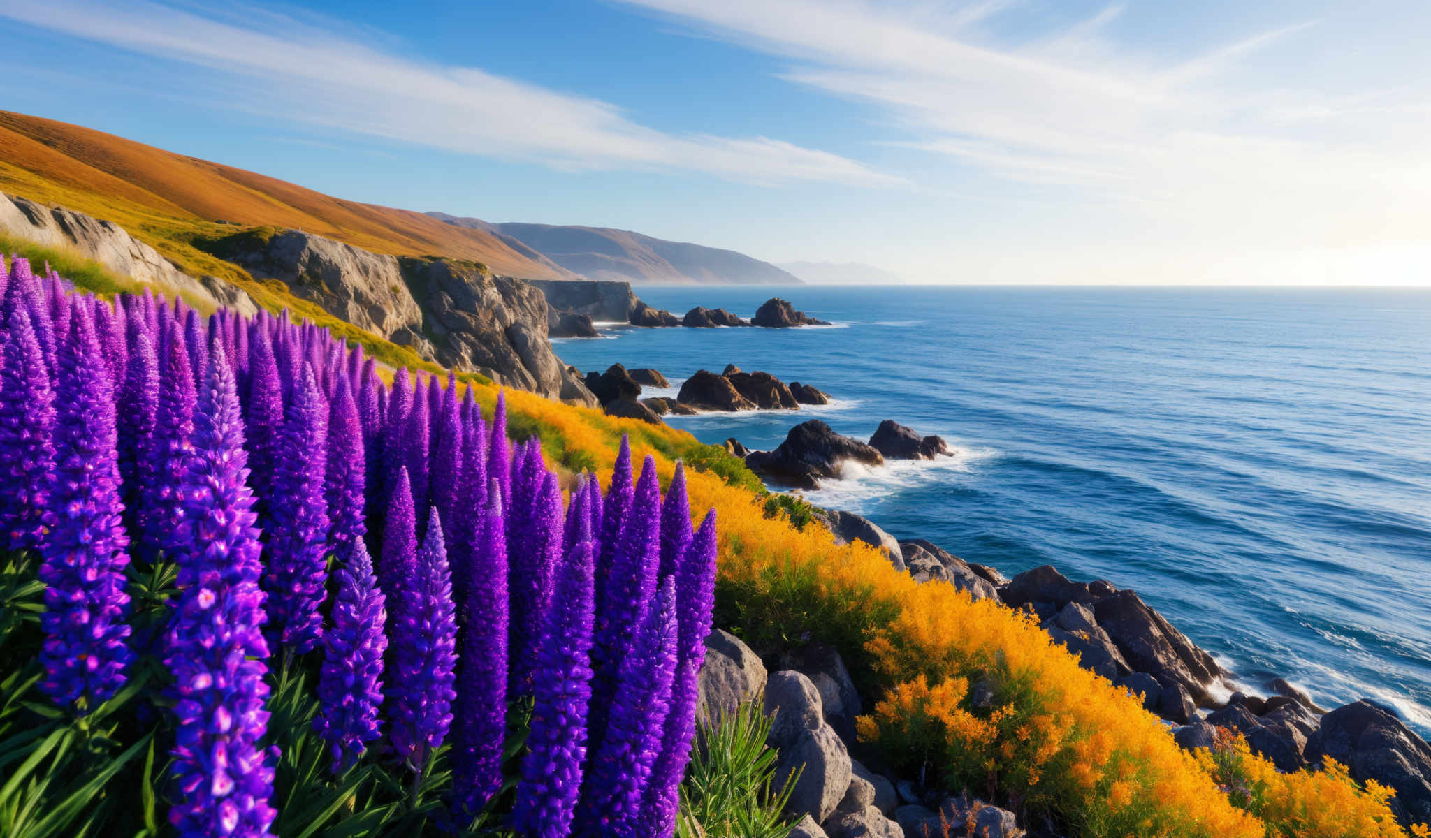 A beautiful view of the ocean with purple flowers in the foreground.