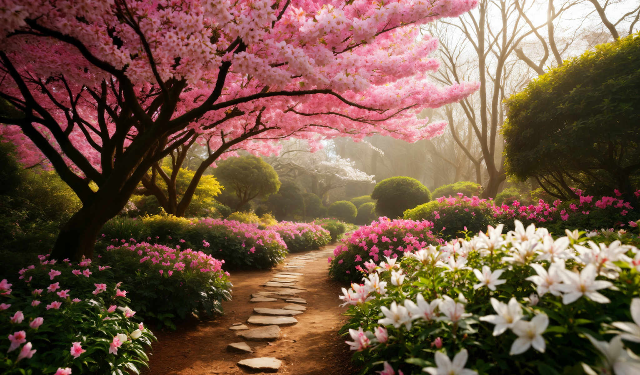 A beautiful garden with a path made of stones. The path is surrounded by flowers and trees. The trees are adorned with pink flowers. The garden is full of life and color.