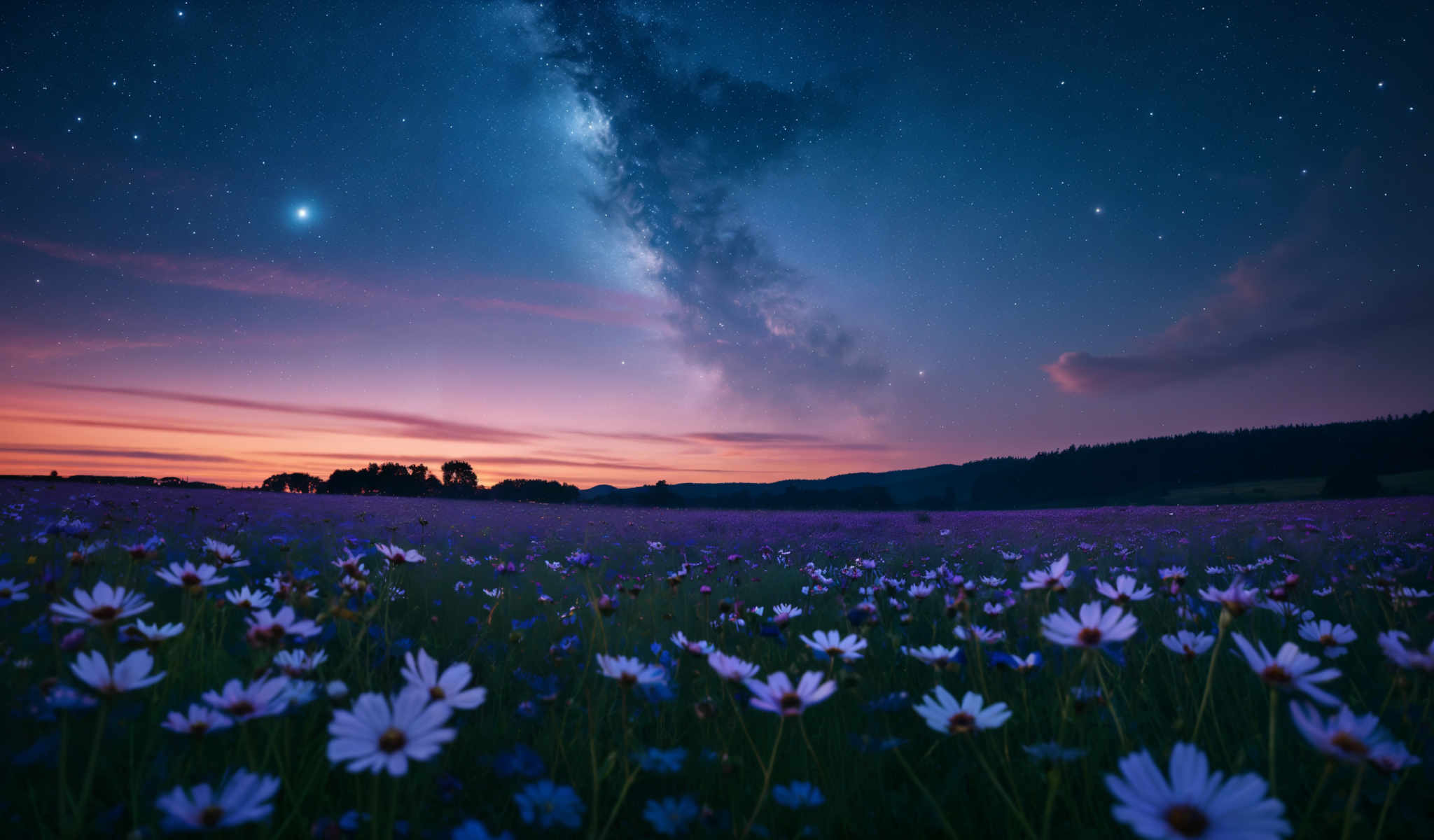 A field of blue and white flowers under a starry sky.