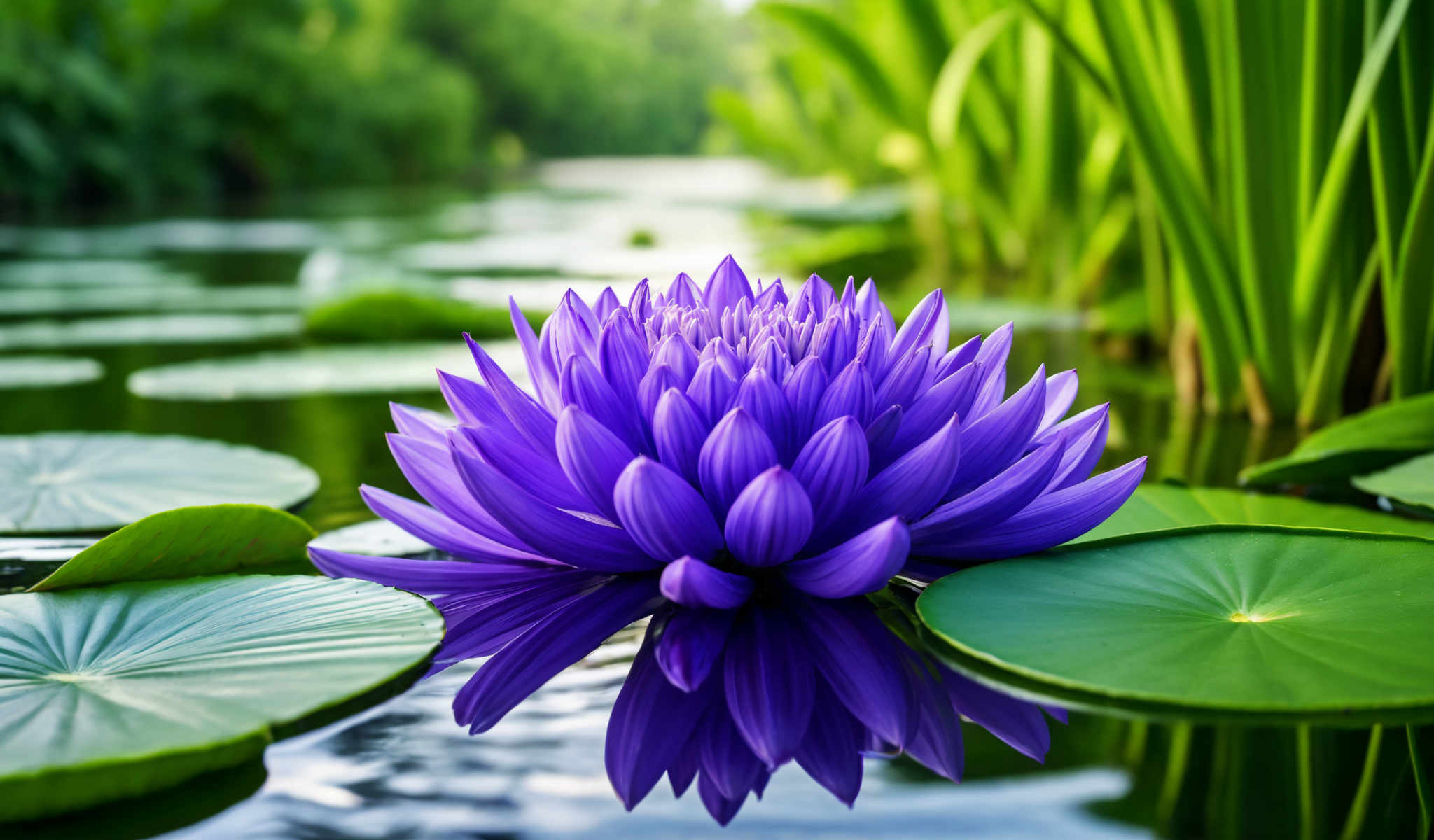 A beautiful purple flower with many petals is floating on a body of water. The flower is surrounded by green leaves. The water is calm and the background is filled with more greenery. The image is a close-up of the flower allowing for a detailed view of its vibrant color and intricate structure. The overall scene is peaceful and serene evoking a sense of tranquility.