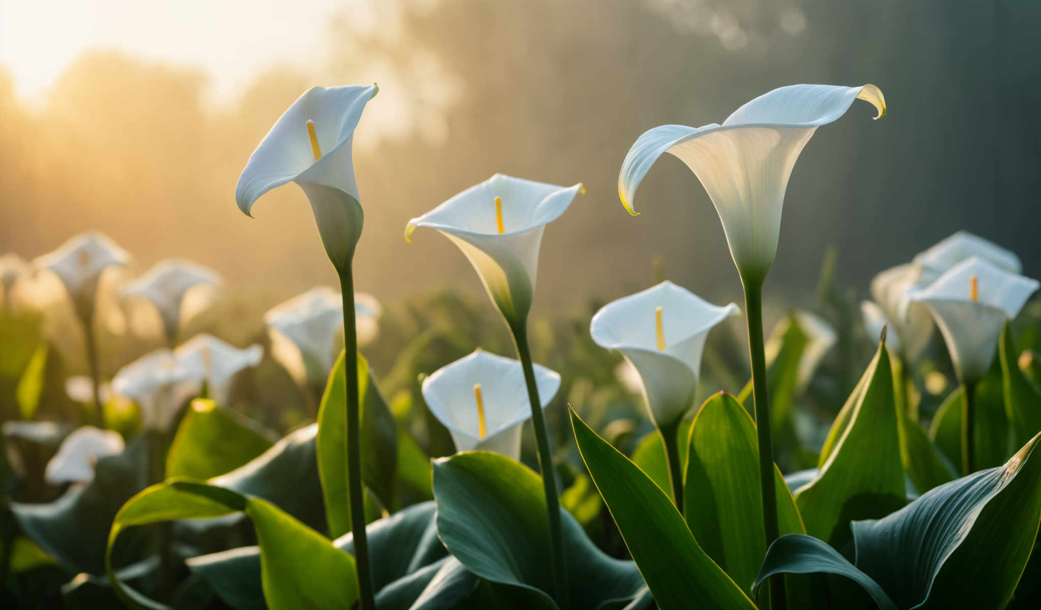 The image captures a serene garden scene at sunset. The main focus is a group of six lilies their petals a pristine white with yellow centers. They are arranged in a line with the three lilies on the left slightly overlapping the three on the right. The lilies are surrounded by large green leaves adding a vibrant contrast to the white of the lilies. The background is a soft blur of trees and foliage with a hint of the setting sun peeking through. The overall scene is peaceful and inviting a snapshot of nature's beauty.