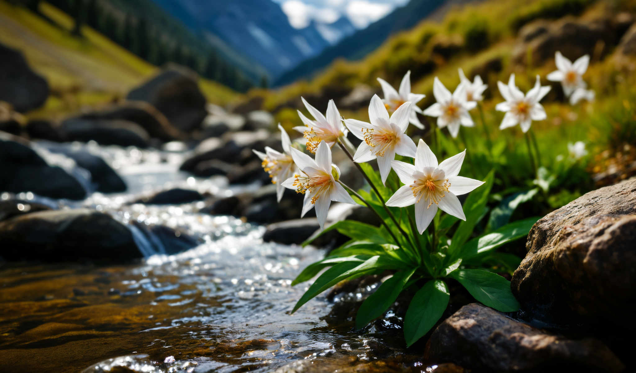 A group of white flowers with yellow centers are growing in a rocky stream.